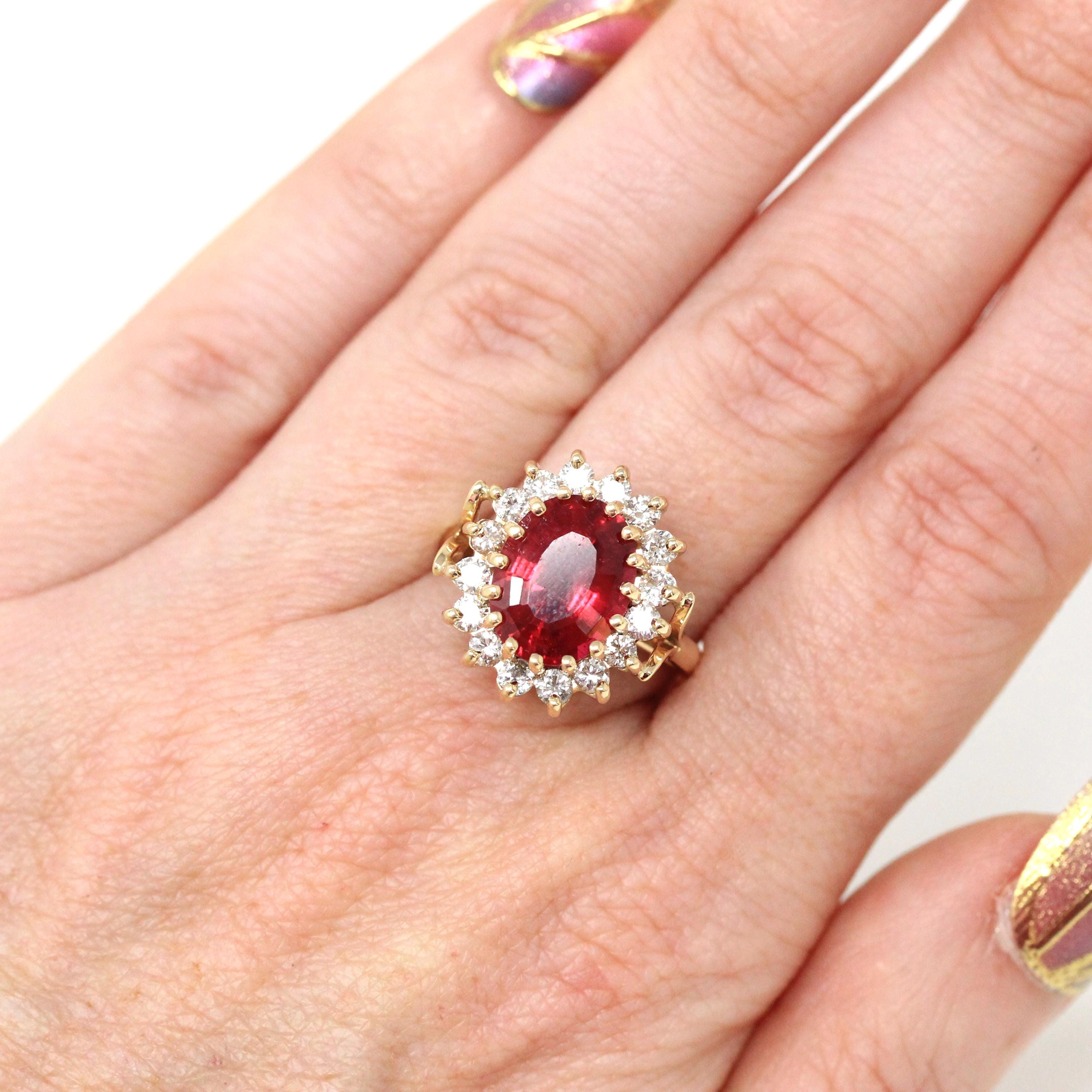 Tourmaline Halo Ring - Modern Era 14k White Gold Large Oval Natural Pink Gemstone Diamond Cluster - Estate Size 7 1/2 Statement Fine Jewelry