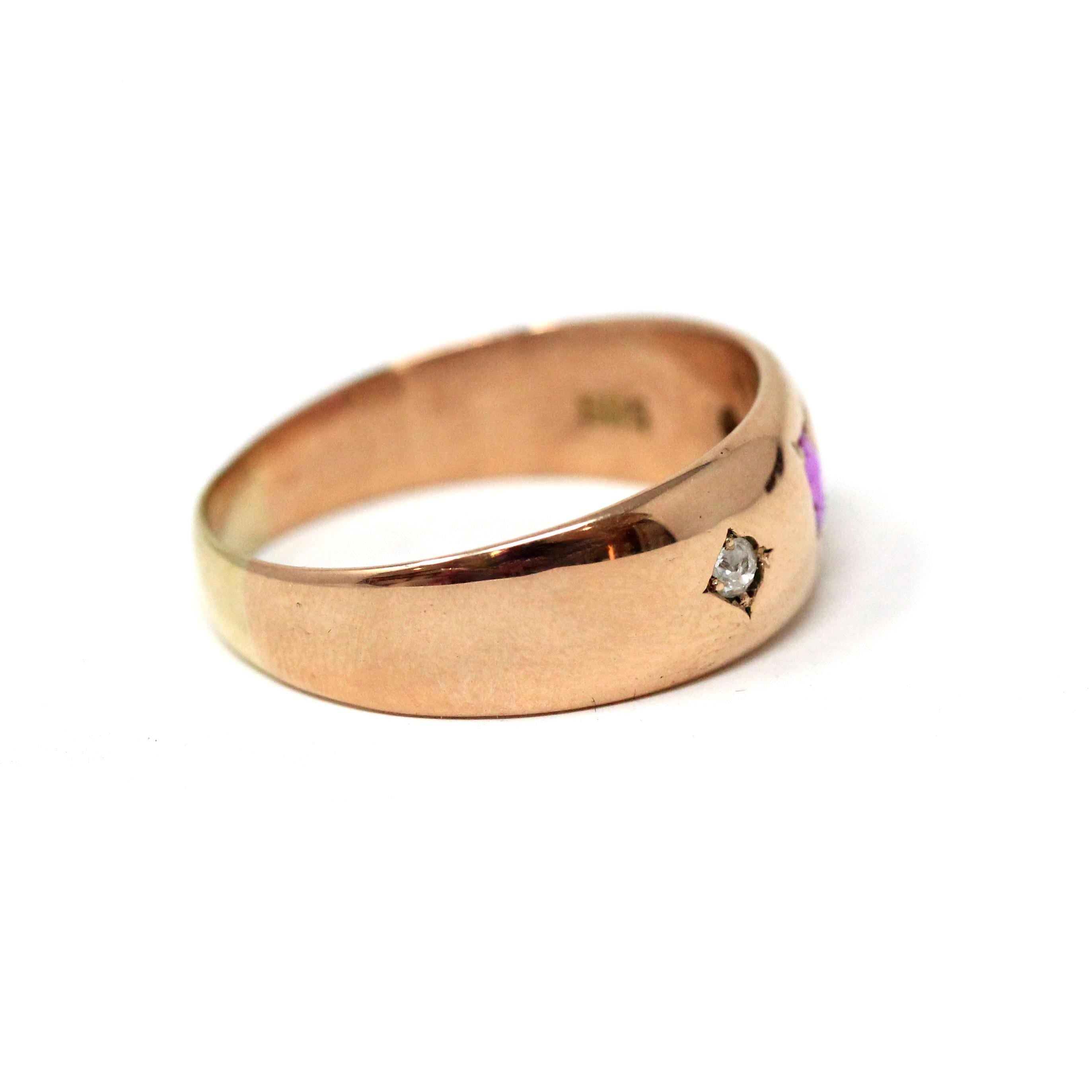 Antique Three Stone Band - Edwardian Era 14k Rosy Yellow Gold Pink Sapphire & Diamonds Men's Unisex - Vintage 1910s Size 8 3/4 Fine Jewelry