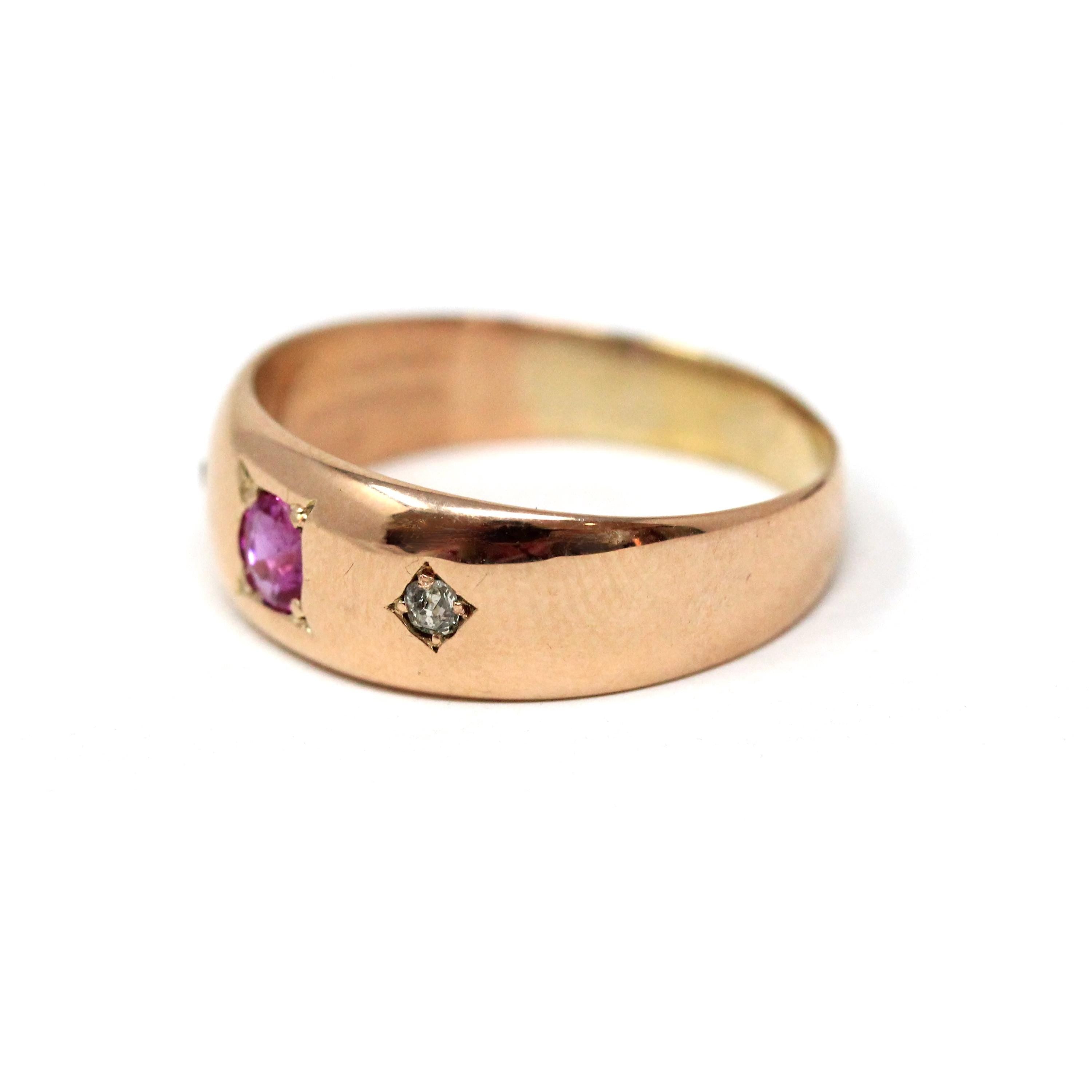 Antique Three Stone Band - Edwardian Era 14k Rosy Yellow Gold Pink Sapphire & Diamonds Men's Unisex - Vintage 1910s Size 8 3/4 Fine Jewelry