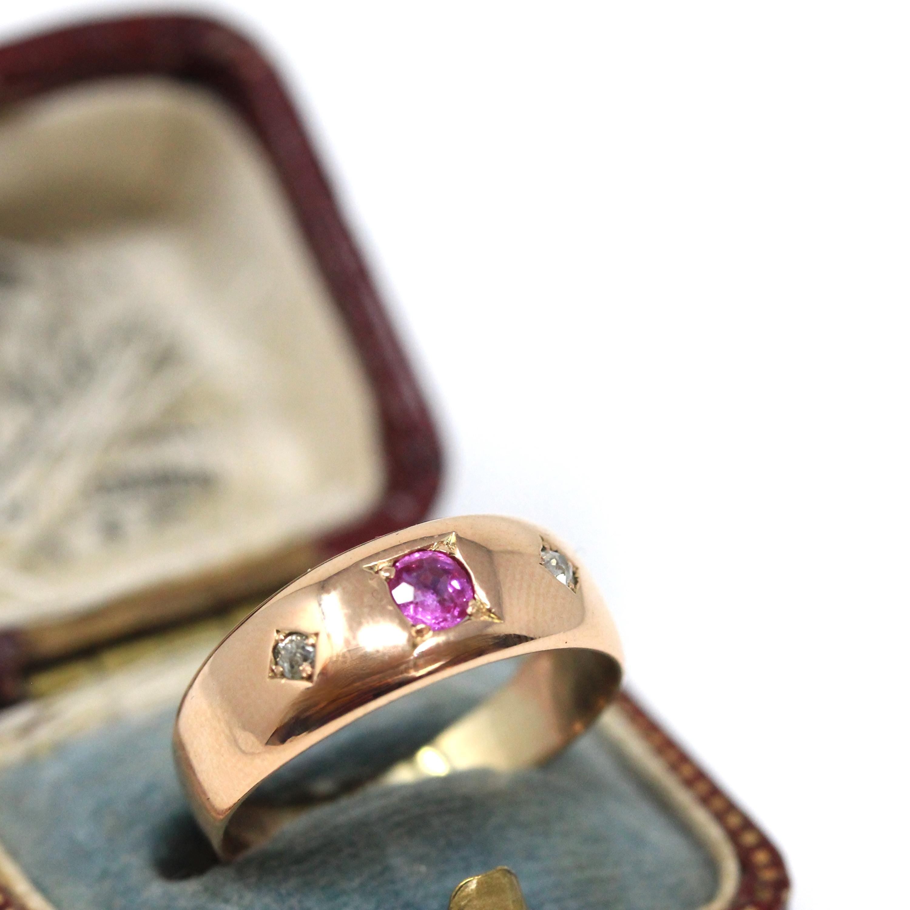 Antique Three Stone Band - Edwardian Era 14k Rosy Yellow Gold Pink Sapphire & Diamonds Men's Unisex - Vintage 1910s Size 8 3/4 Fine Jewelry