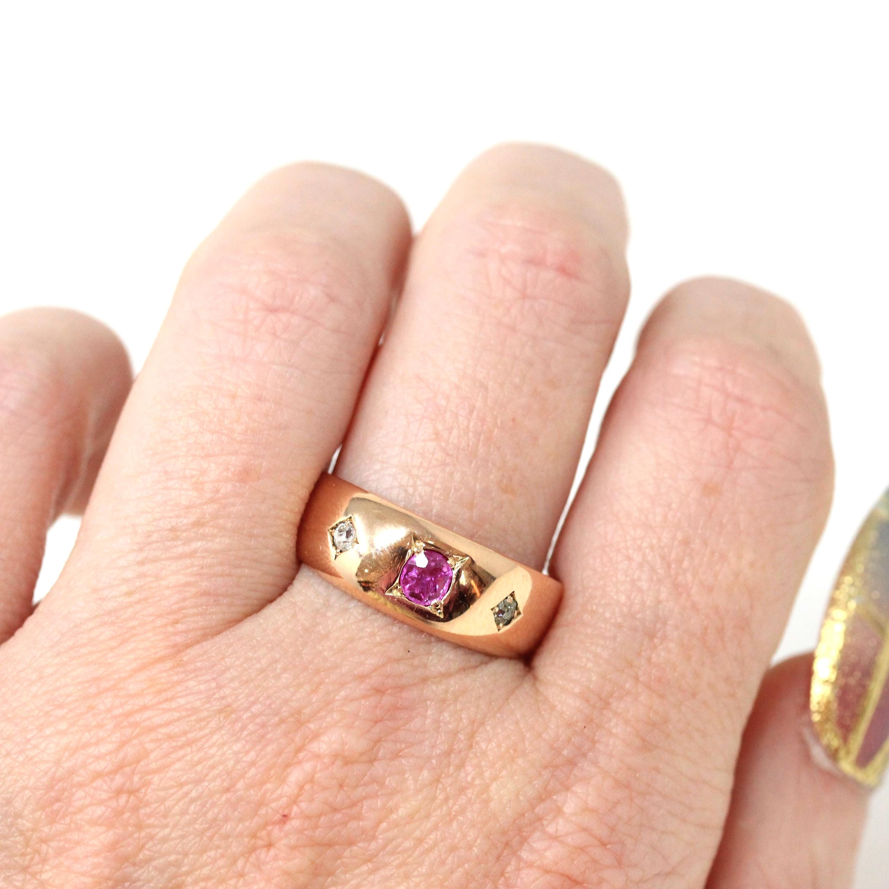 Antique Three Stone Band - Edwardian Era 14k Rosy Yellow Gold Pink Sapphire & Diamonds Men's Unisex - Vintage 1910s Size 8 3/4 Fine Jewelry