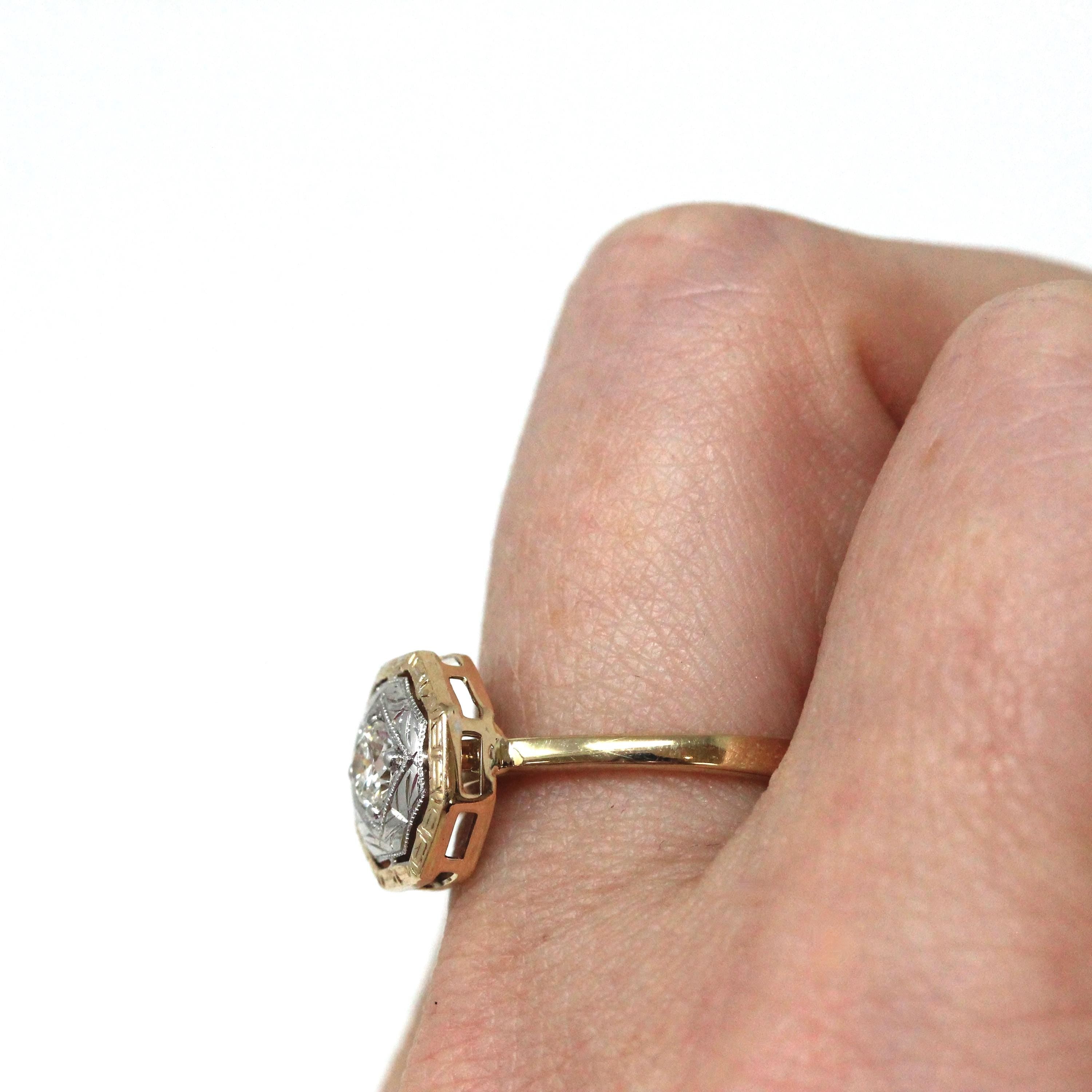 Vintage Diamond Ring - Mid Century Modern 14k Yellow White Gold Engagement - Octagonal Size 6 1/4 Two Tone Wedding Bridal Illusion Jewelry