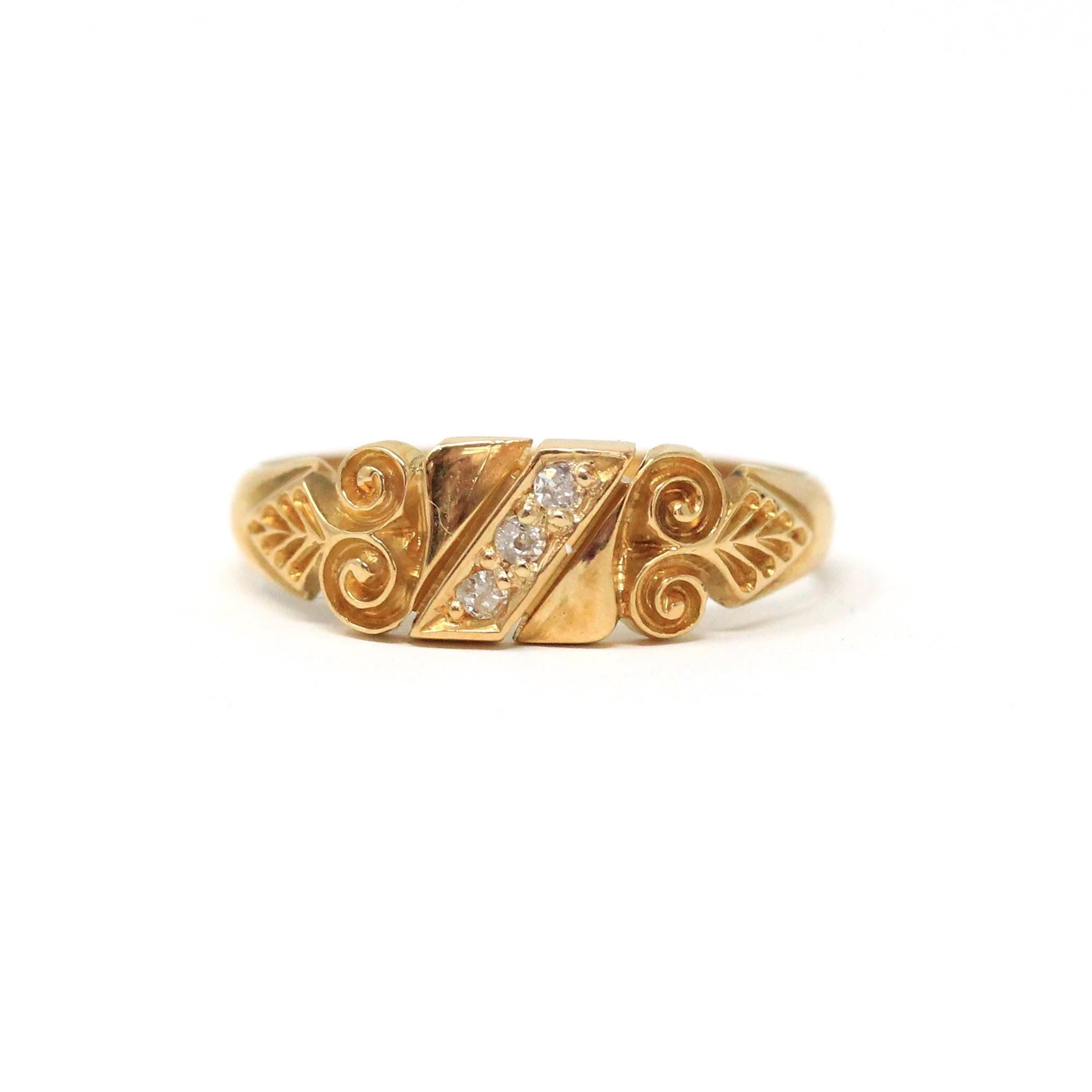 Antique Diamond Ring - Victorian 18k Yellow Gold .06 CTW Natural Diamond Band - Dated 1900 Size 7 1/2 Etruscan Revival Scroll Fine Jewelry