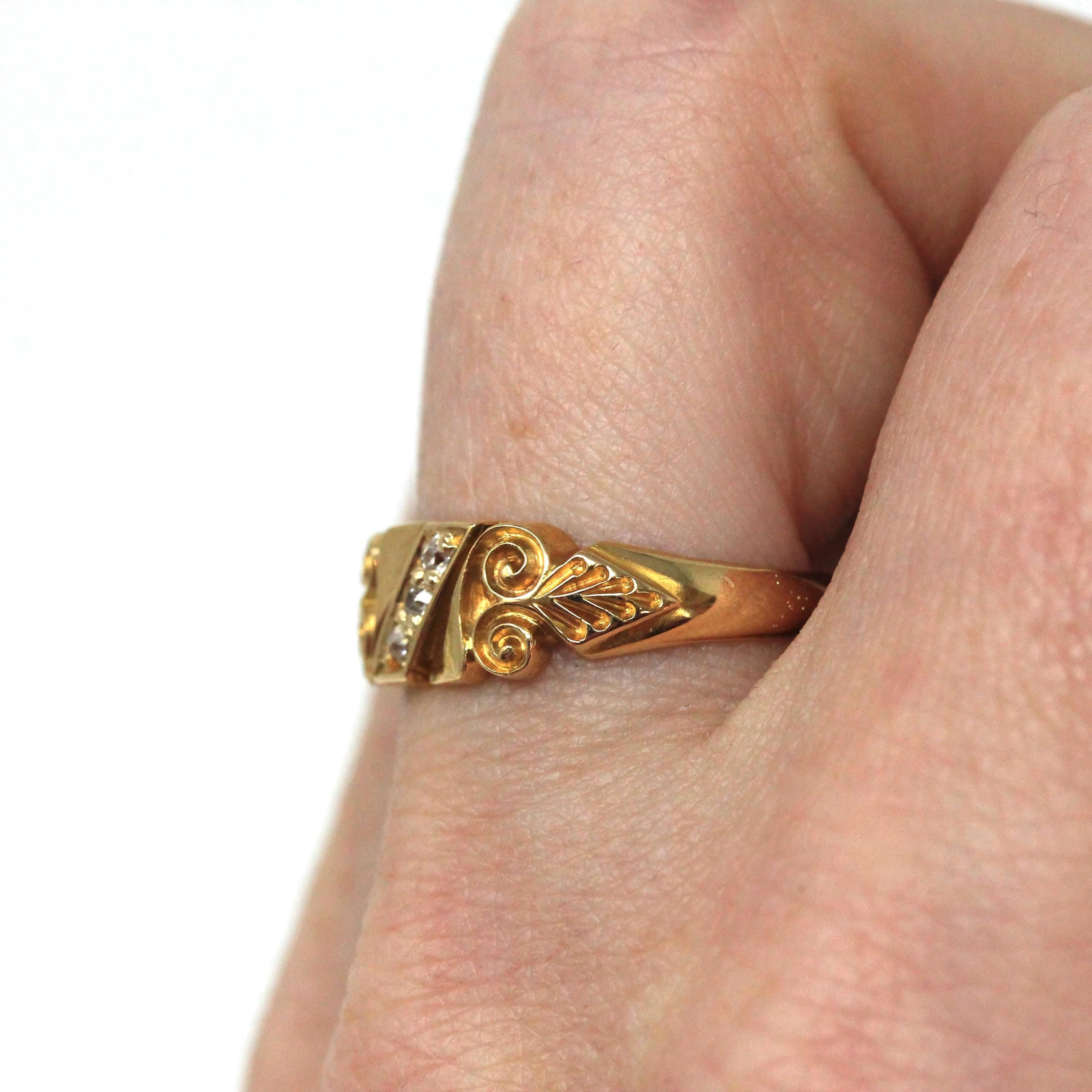 Antique Diamond Ring - Victorian 18k Yellow Gold .06 CTW Natural Diamond Band - Dated 1900 Size 7 1/2 Etruscan Revival Scroll Fine Jewelry