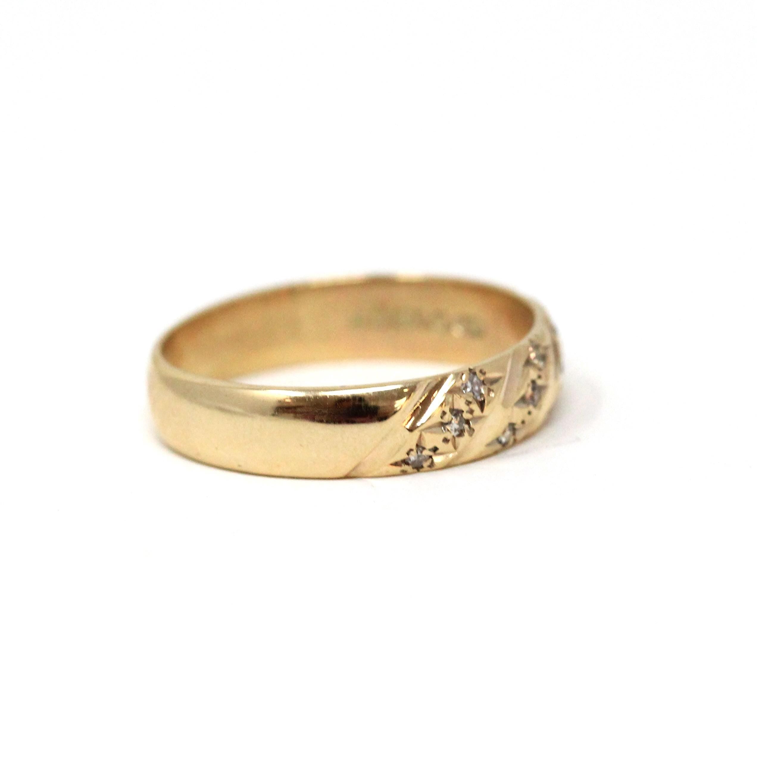 Retro Star Incised Band - Vintage 9k Yellow Gold .11 CTW Natural Diamonds Ring - Circa 1980s Celestial Inspired Size 7 Fine Bridal Jewelry