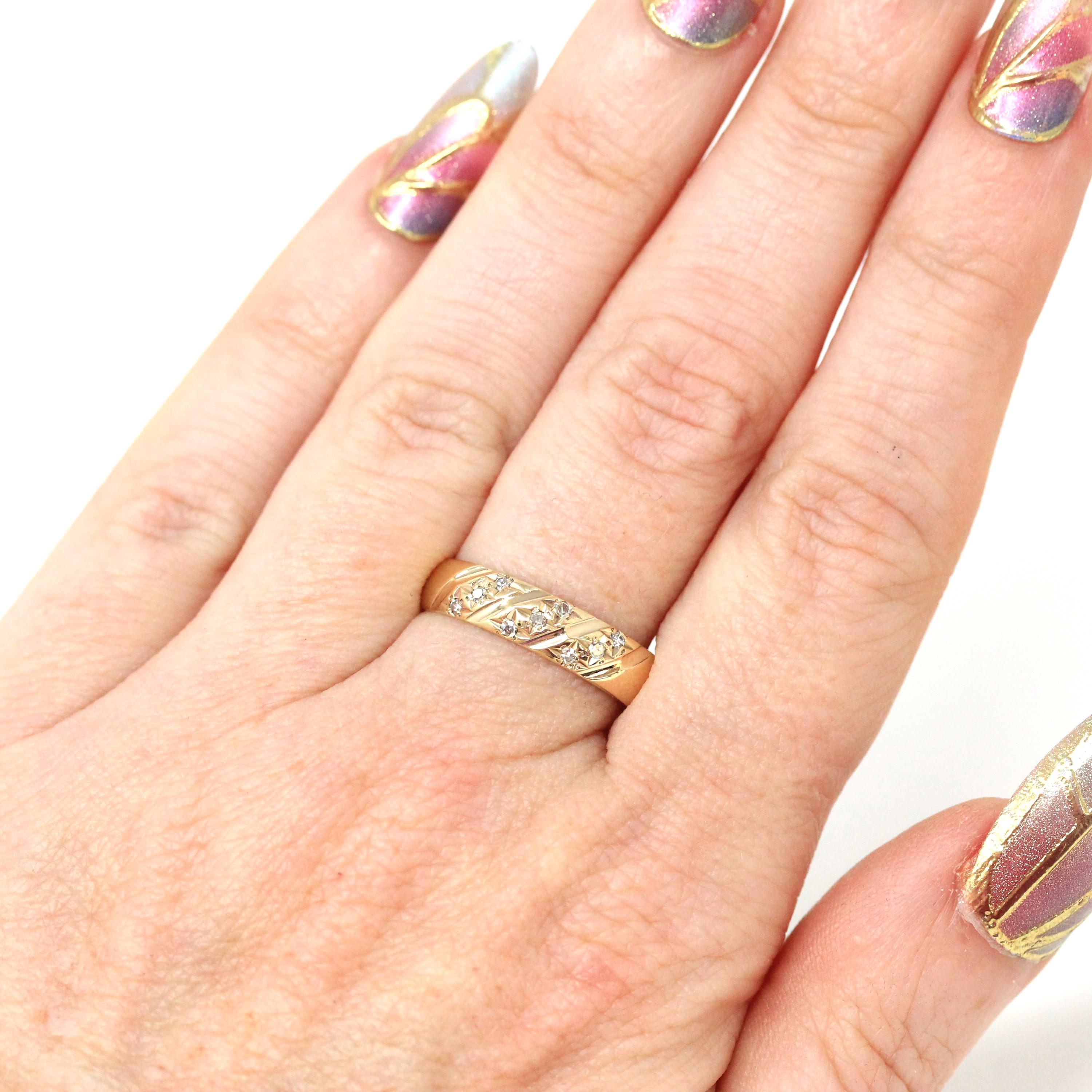 Retro Star Incised Band - Vintage 9k Yellow Gold .11 CTW Natural Diamonds Ring - Circa 1980s Celestial Inspired Size 7 Fine Bridal Jewelry