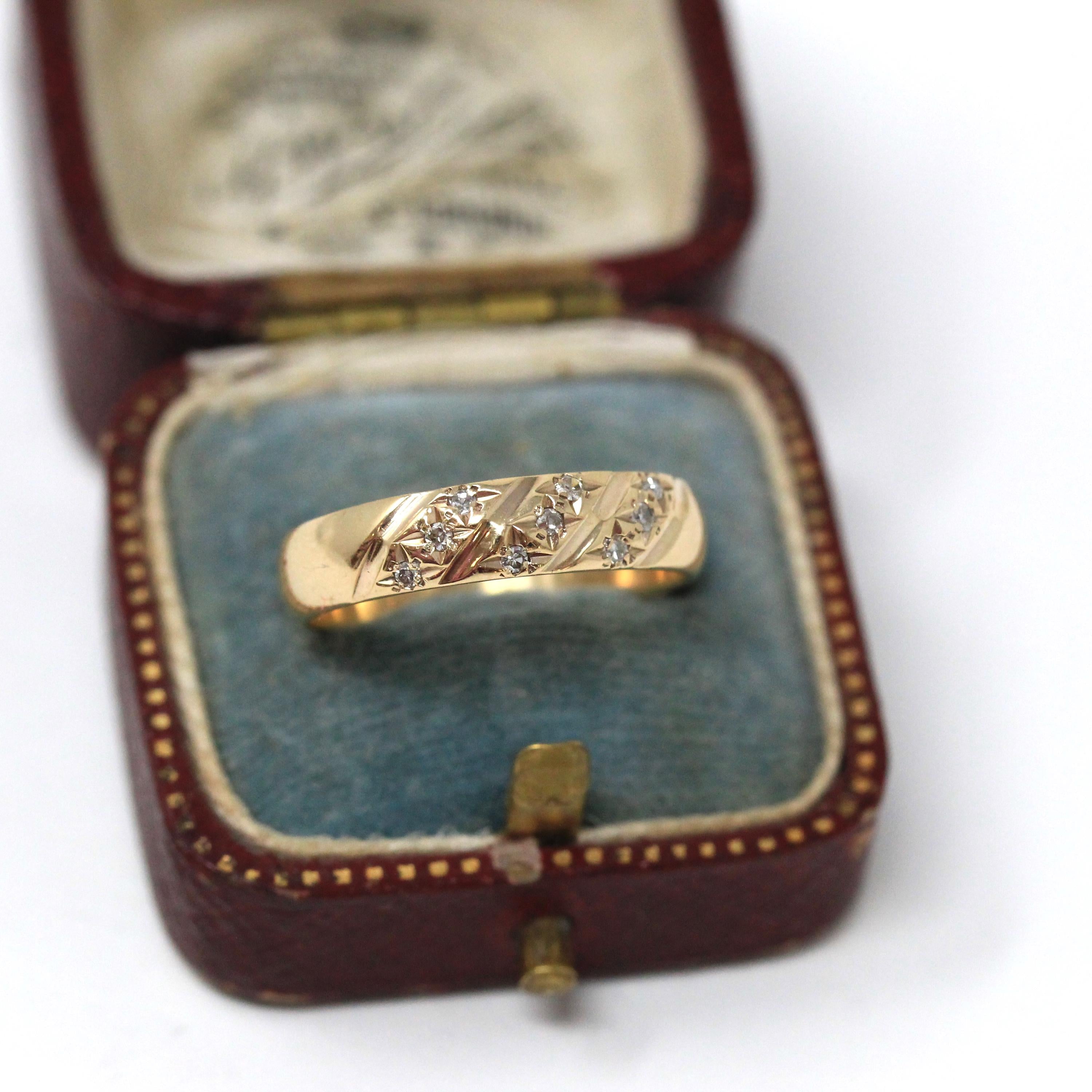 Retro Star Incised Band - Vintage 9k Yellow Gold .11 CTW Natural Diamonds Ring - Circa 1980s Celestial Inspired Size 7 Fine Bridal Jewelry