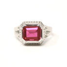 Art Deco Ring - 10k White Gold Emerald Cut Pink Red Created Ruby Gemstone - Vintage Circa 1930s Era Size 10 Unisex Fine Statement Jewelry
