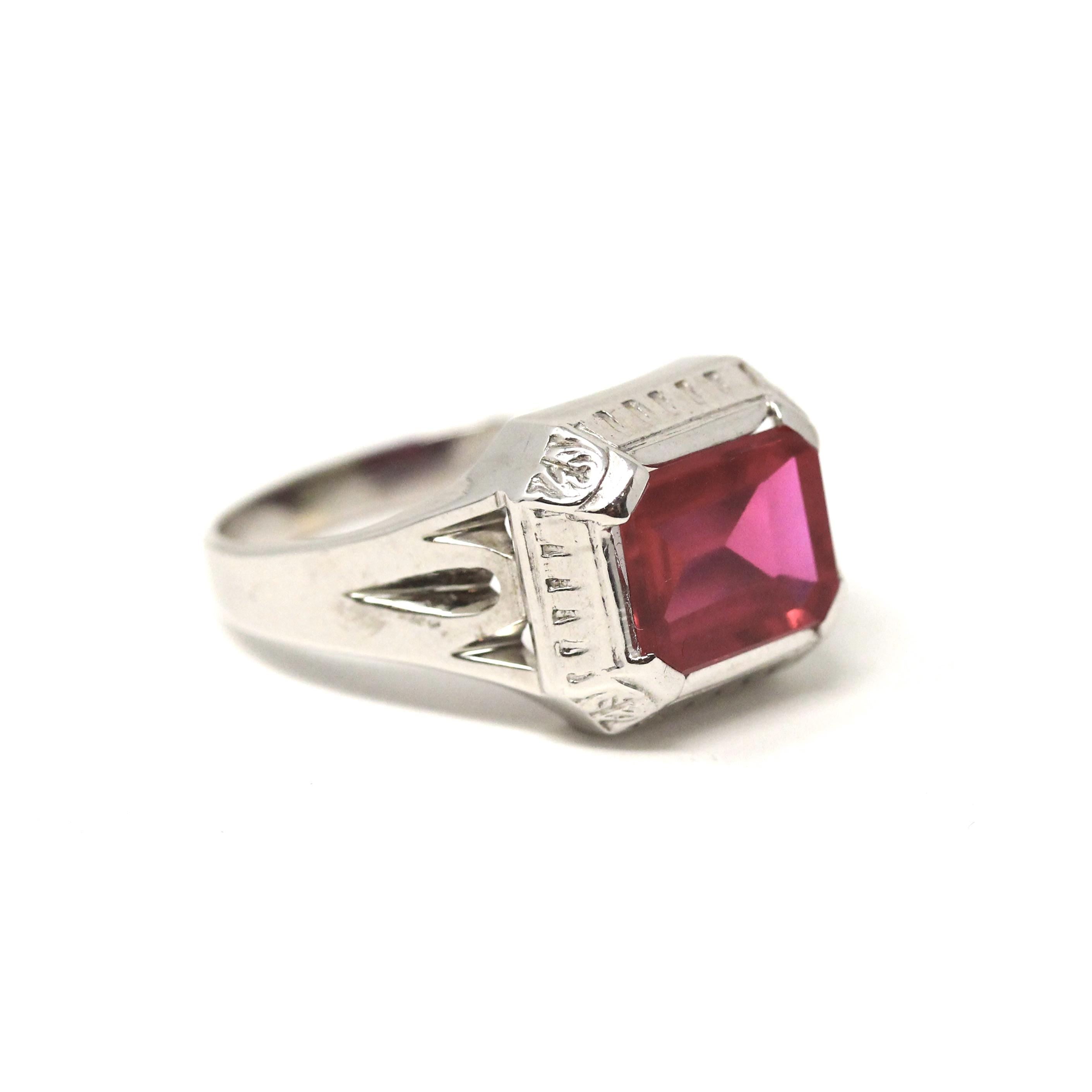 Art Deco Ring - 10k White Gold Emerald Cut Pink Red Created Ruby Gemstone - Vintage Circa 1930s Era Size 10 Unisex Fine Statement Jewelry