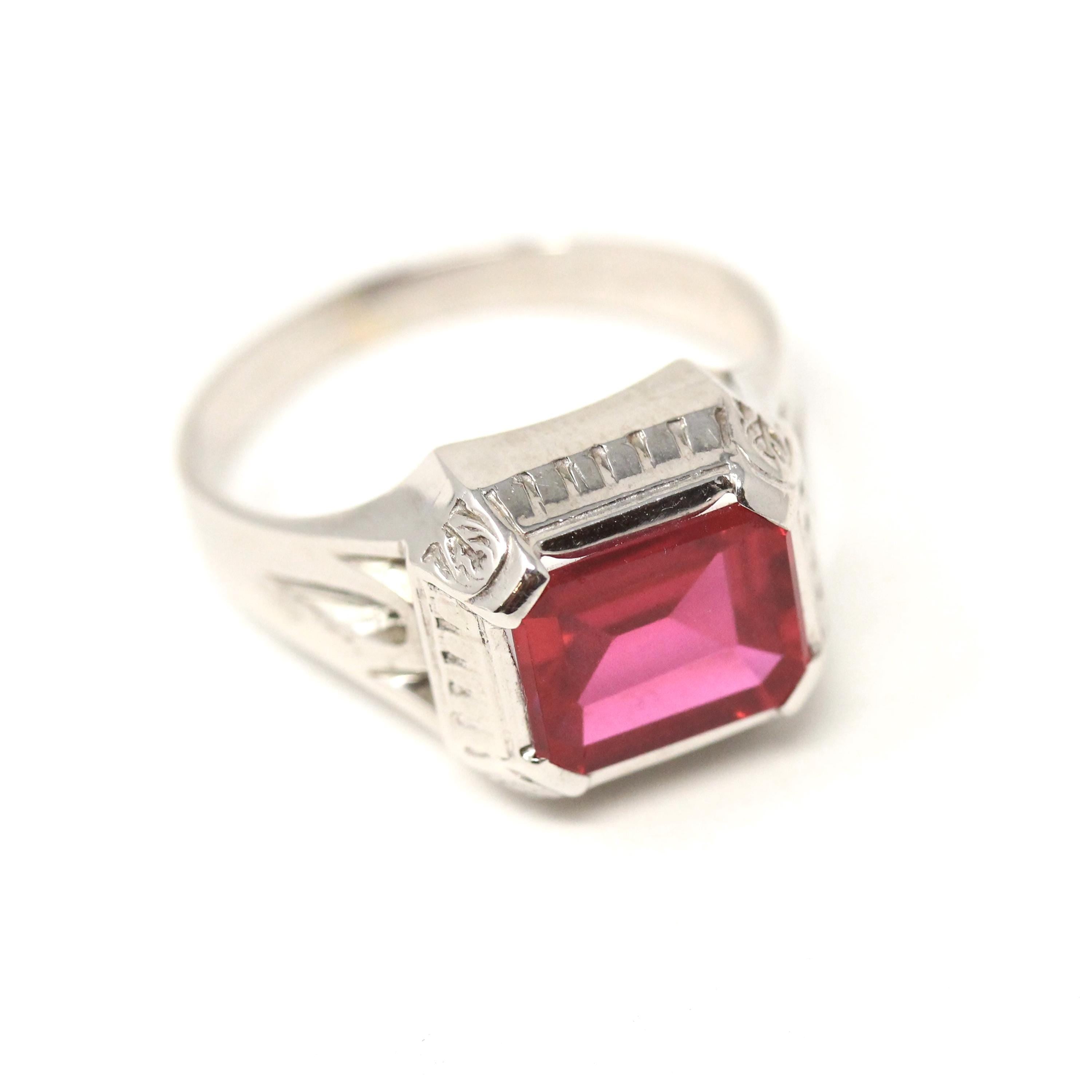 Art Deco Ring - 10k White Gold Emerald Cut Pink Red Created Ruby Gemstone - Vintage Circa 1930s Era Size 10 Unisex Fine Statement Jewelry