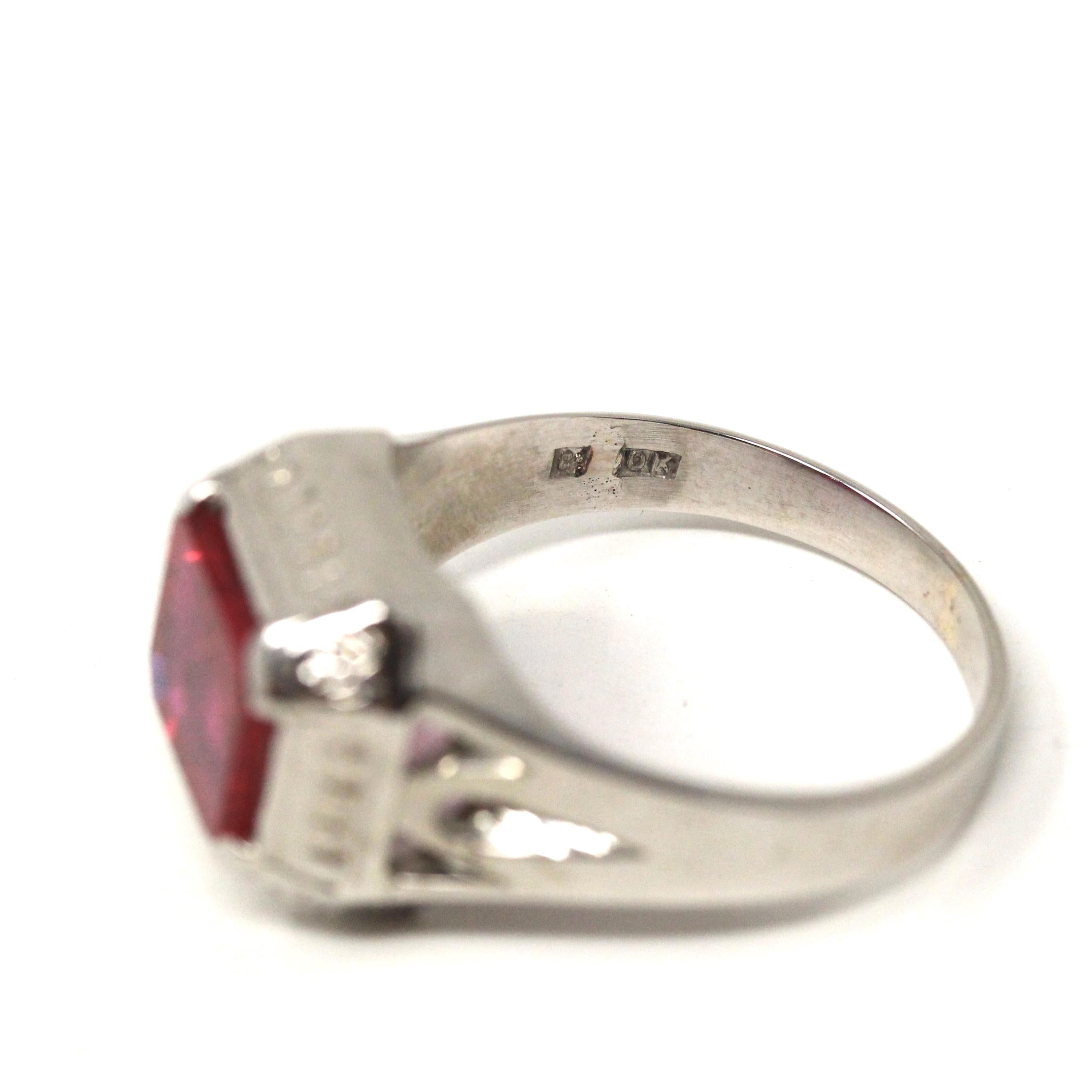 Art Deco Ring - 10k White Gold Emerald Cut Pink Red Created Ruby Gemstone - Vintage Circa 1930s Era Size 10 Unisex Fine Statement Jewelry