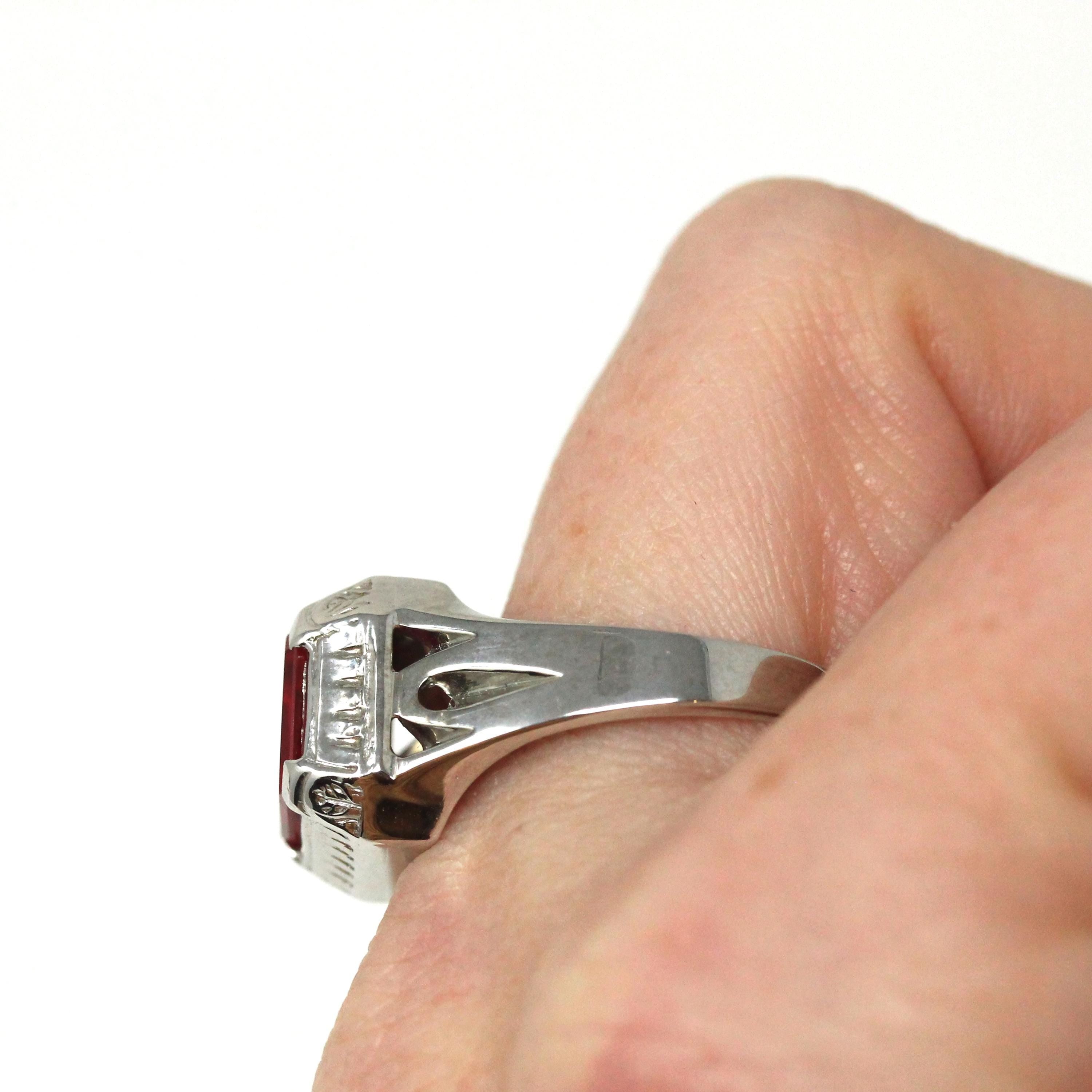 Art Deco Ring - 10k White Gold Emerald Cut Pink Red Created Ruby Gemstone - Vintage Circa 1930s Era Size 10 Unisex Fine Statement Jewelry