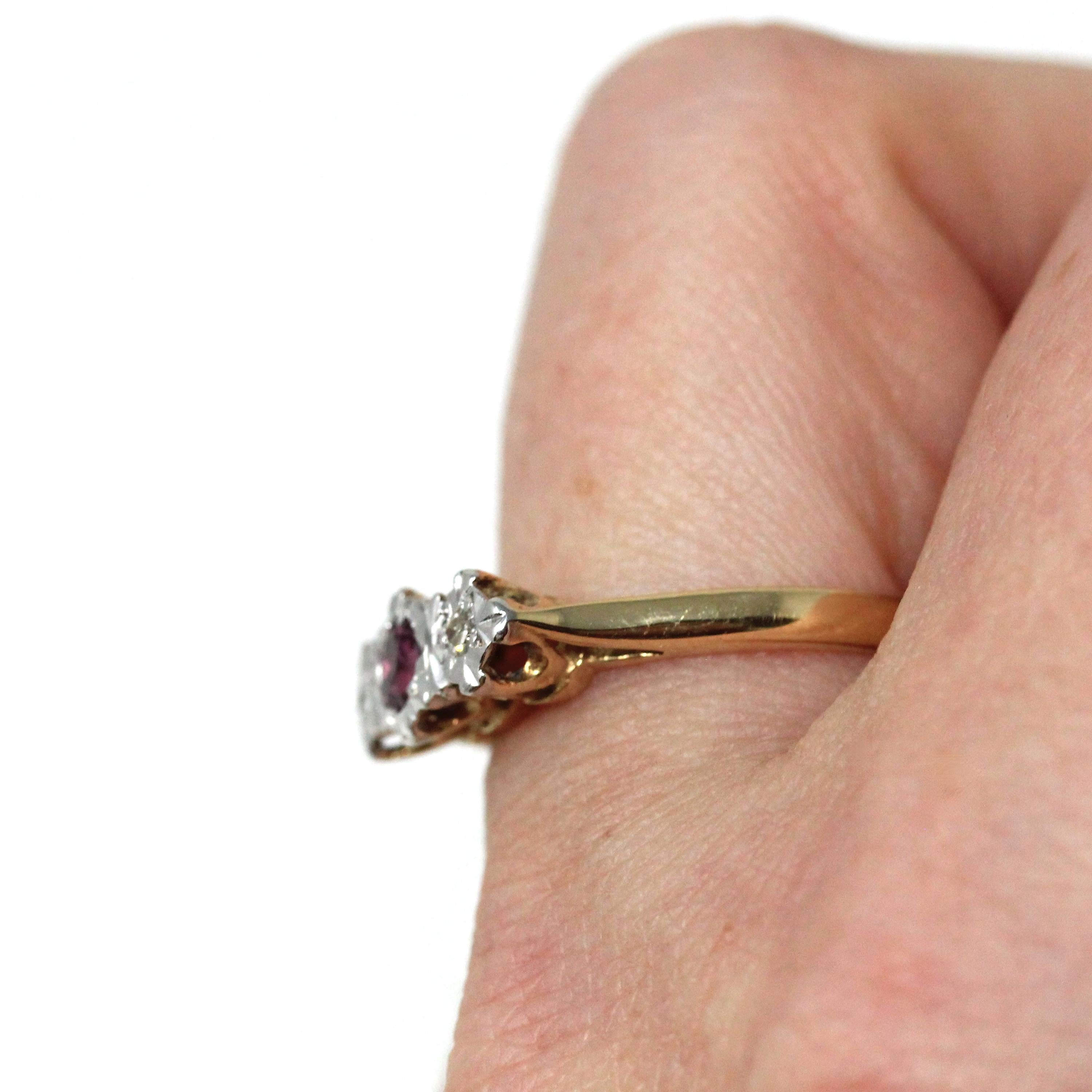 Vintage Three Stone Ring - Retro 9k Yellow White Gold Natural Red Ruby Diamond Band - Hallmarked 1977 Illusion Size 7 1/4 Fine Jewelry