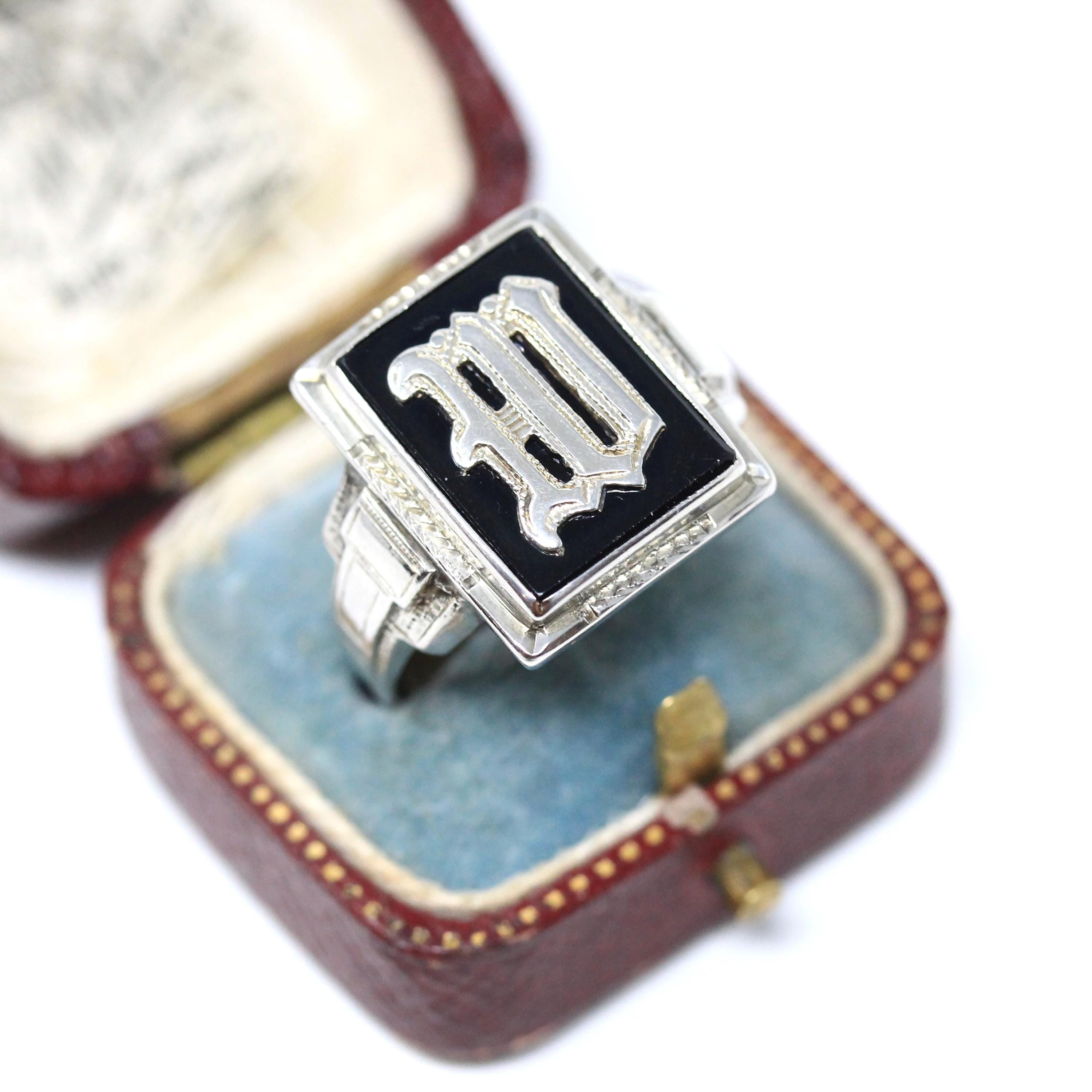 Letter W Ring - Art Deco Era 10k White Gold Black Chalcedony Onyx Signet - Vintage 1930s Size 11 Black Gem Initial Old English Fine Jewelry