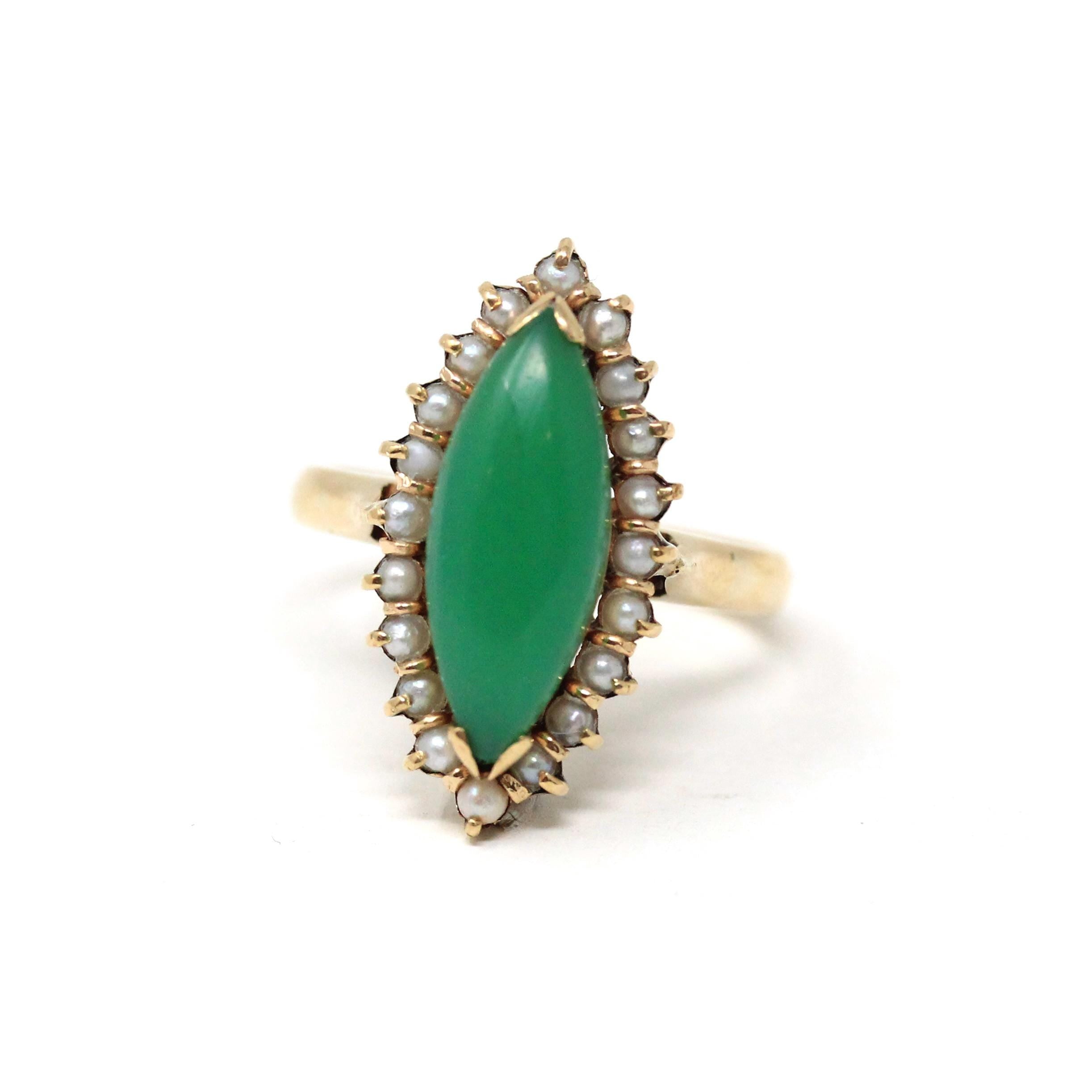 Chrysoprase Halo Ring - Vintage 14k Yellow Gold Natural Cabochon Green Navette Gem - Circa 1980s Retro Era Size 6 Pearl Accent Fine Jewelry