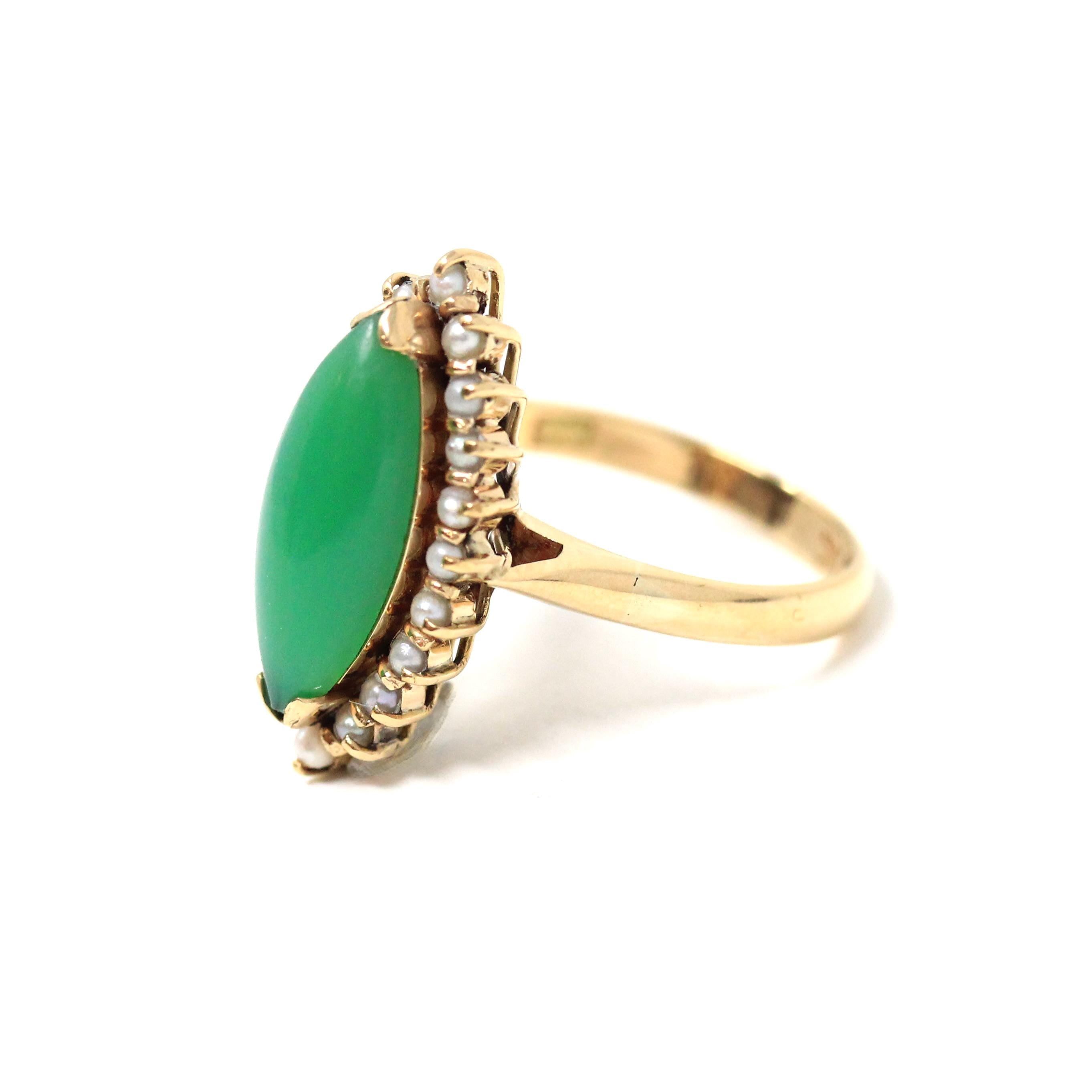 Chrysoprase Halo Ring - Vintage 14k Yellow Gold Natural Cabochon Green Navette Gem - Circa 1980s Retro Era Size 6 Pearl Accent Fine Jewelry