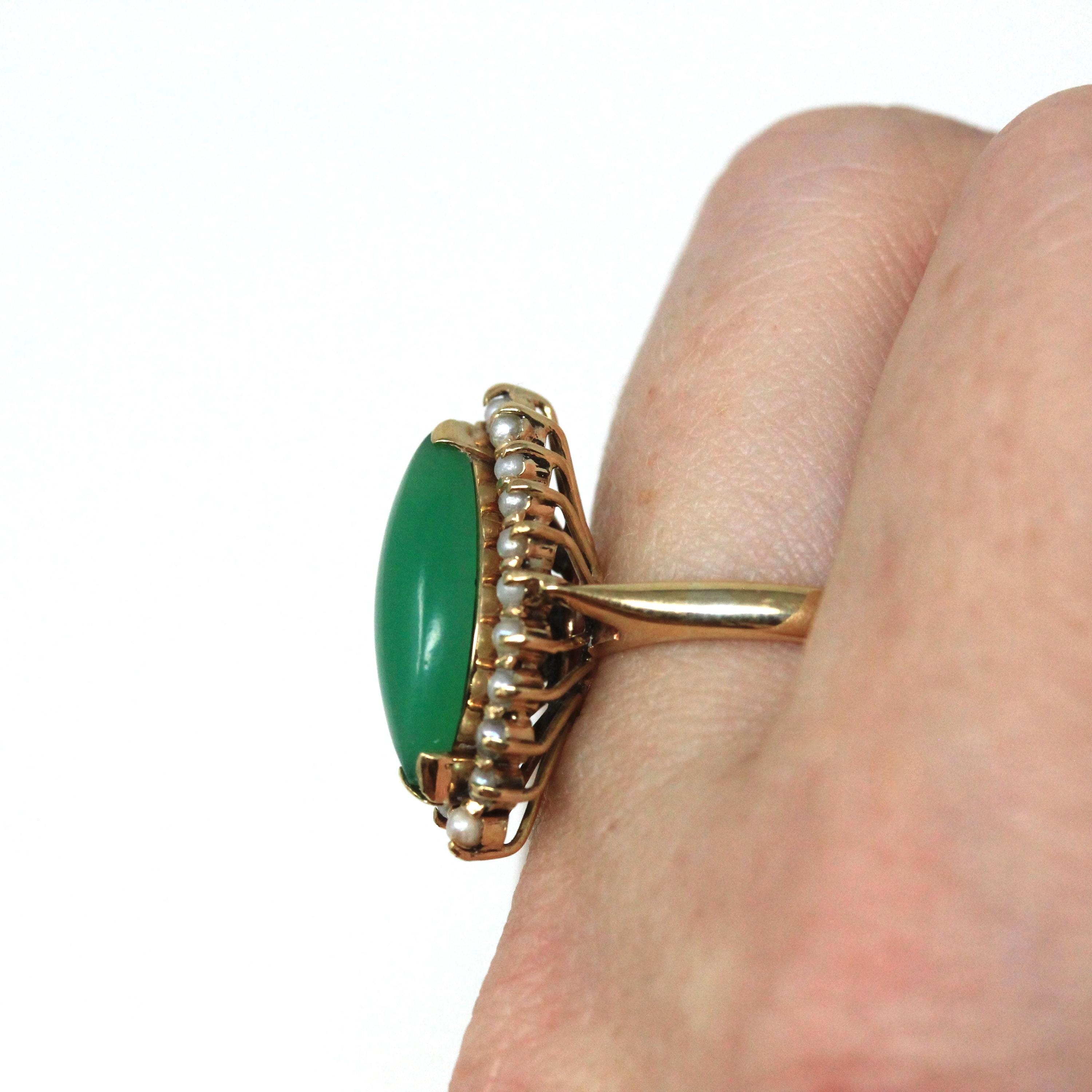 Chrysoprase Halo Ring - Vintage 14k Yellow Gold Natural Cabochon Green Navette Gem - Circa 1980s Retro Era Size 6 Pearl Accent Fine Jewelry