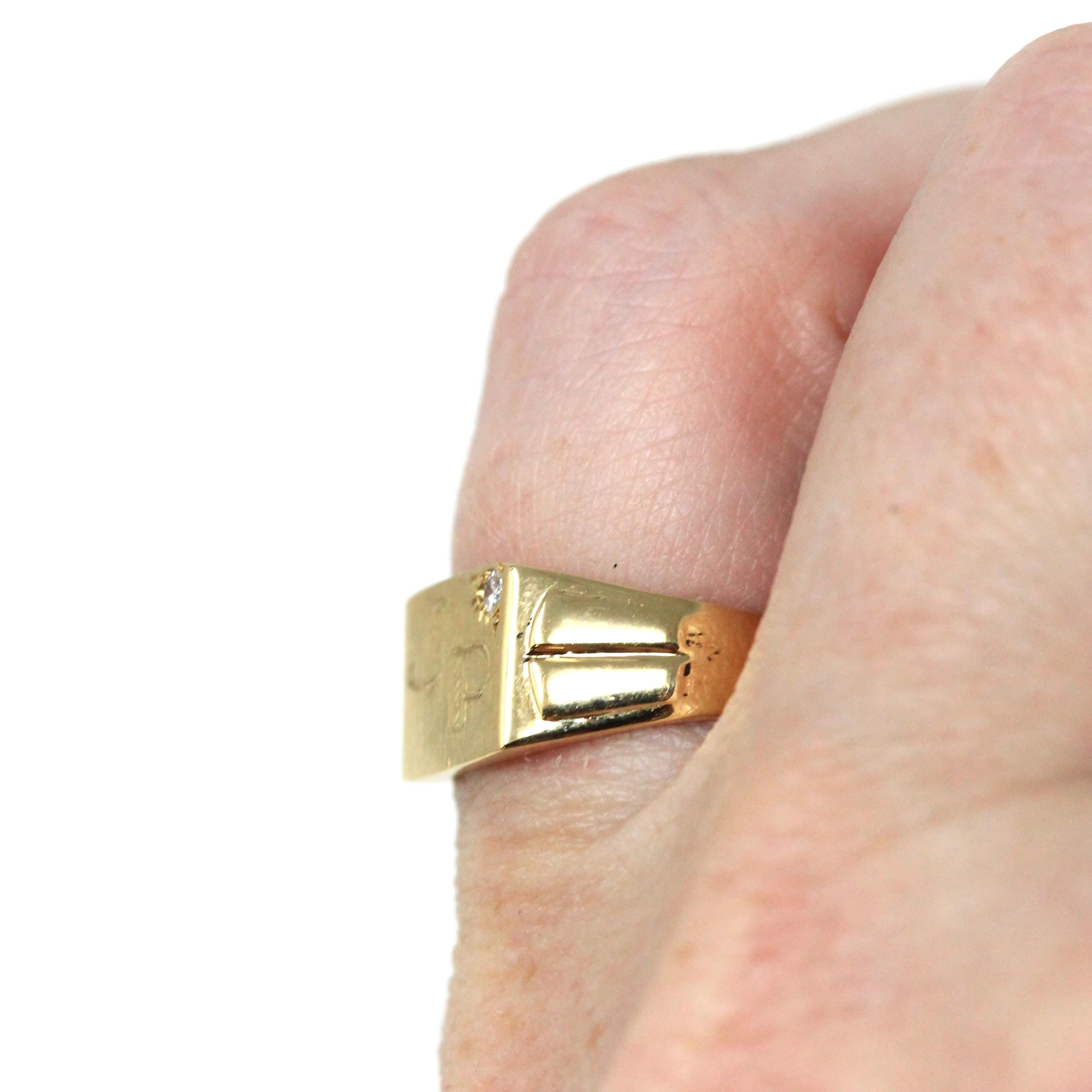 Letters "JP" Ring - Mid Century 14k Yellow Gold Engraved Initials Signet Natural Diamond - Vintage Circa 1940s Era Size 5 Fine 40s Jewelry