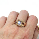 Edwaridna Moonstone Ring - Antique English 9k Rosy Yellow Gold Cabochon Magical Gem - Circa 1900 Size 11 3/4 Garnet Accent Fine Jewelry
