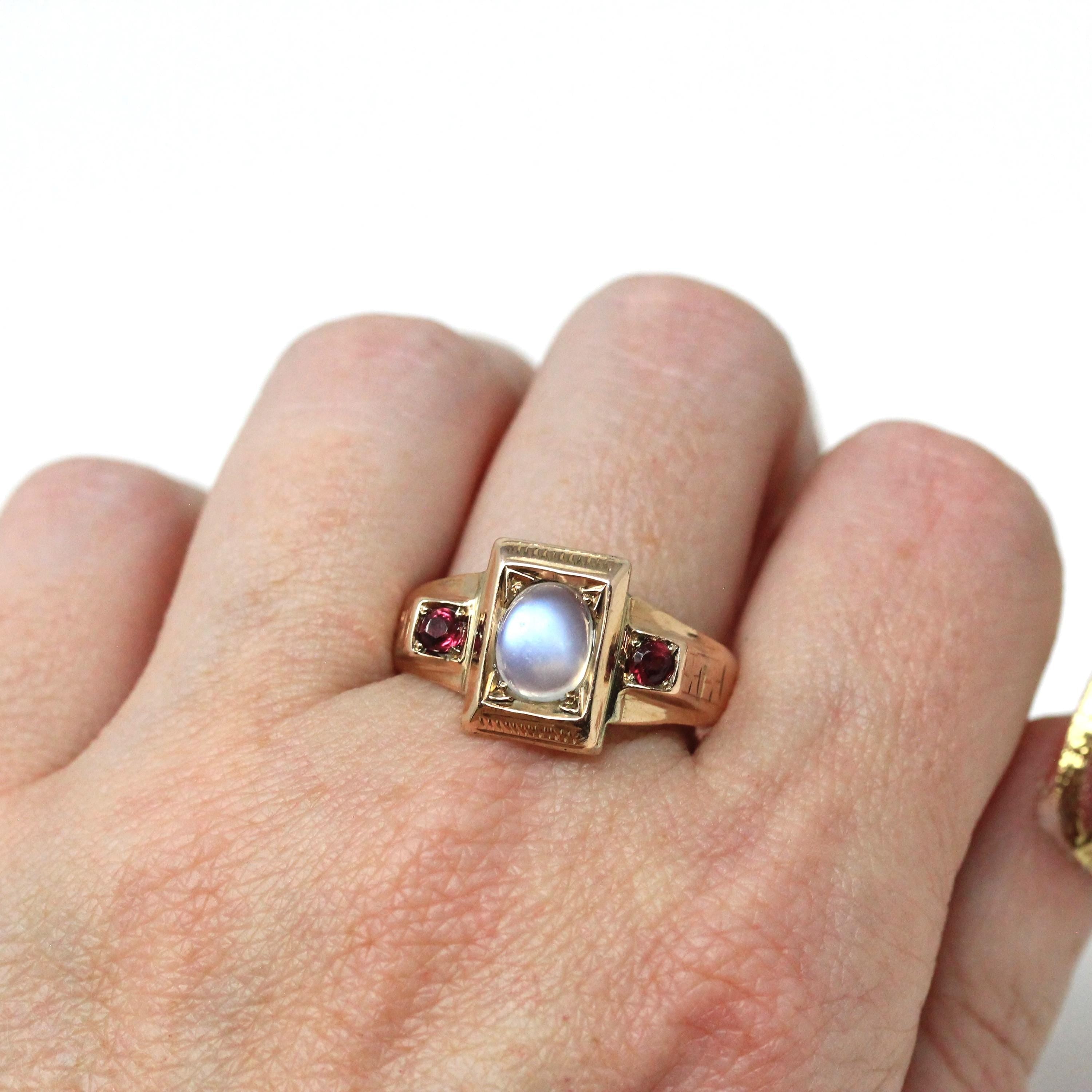Edwaridna Moonstone Ring - Antique English 9k Rosy Yellow Gold Cabochon Magical Gem - Circa 1900 Size 11 3/4 Garnet Accent Fine Jewelry
