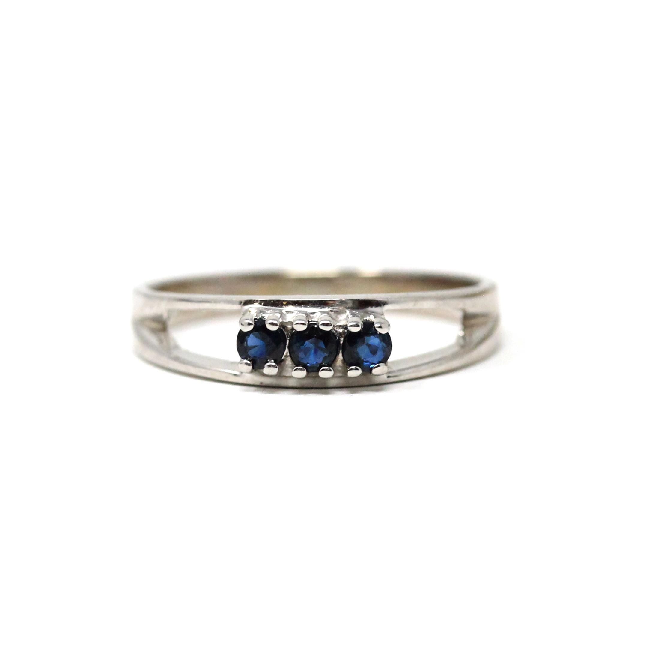 Modern Sapphire Ring - Estate 10k White Gold Three Round Dark Blue Gemstones - Size 5 3/4 September Birthstone Fine Statement Jewelry
