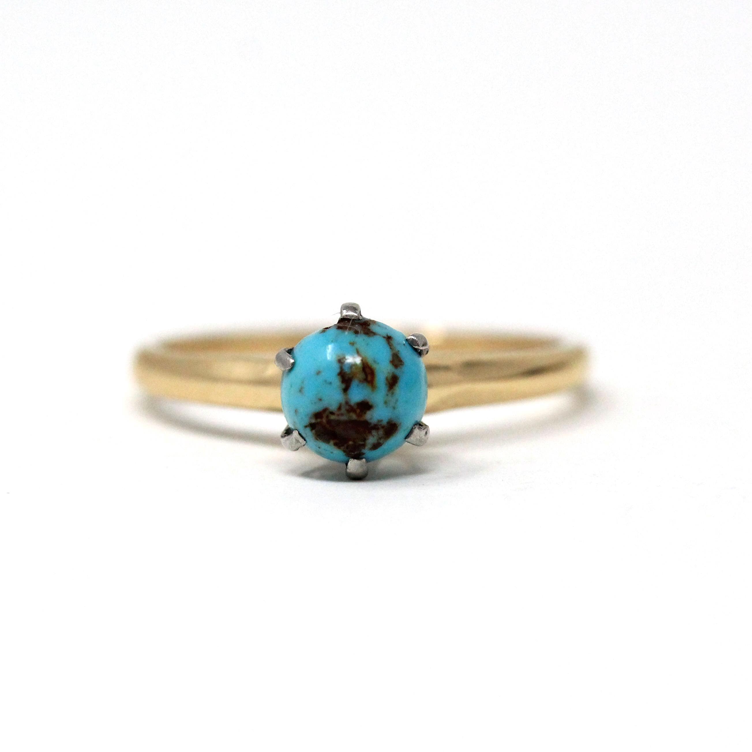 Vintage Turquoise Ring - Mid Century 14k Yellow Gold & Platinum Round Cabochon Cut Gem - Circa 1950s Era Size 4 1/4 Fine Statement Jewelry