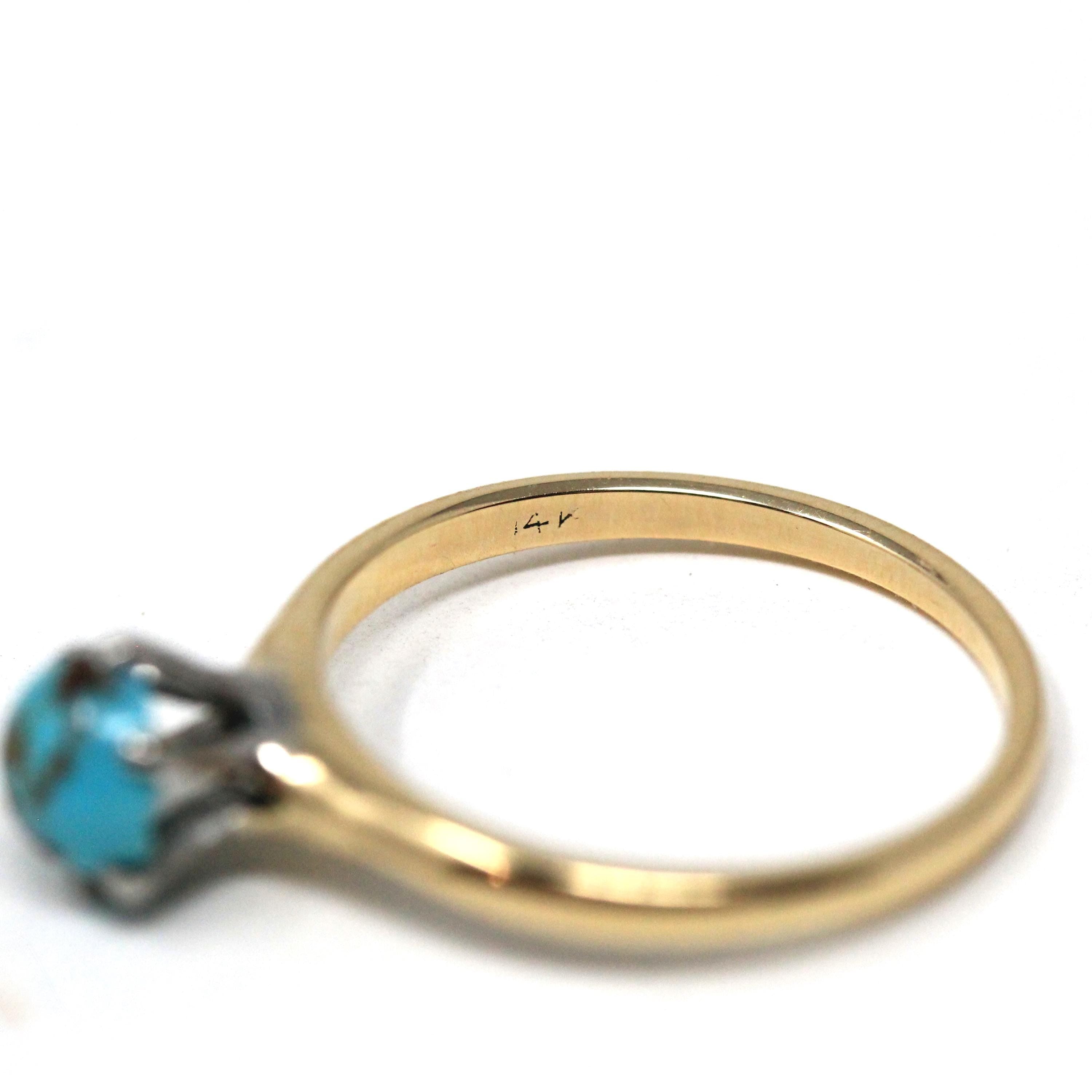 Vintage Turquoise Ring - Mid Century 14k Yellow Gold & Platinum Round Cabochon Cut Gem - Circa 1950s Era Size 4 1/4 Fine Statement Jewelry