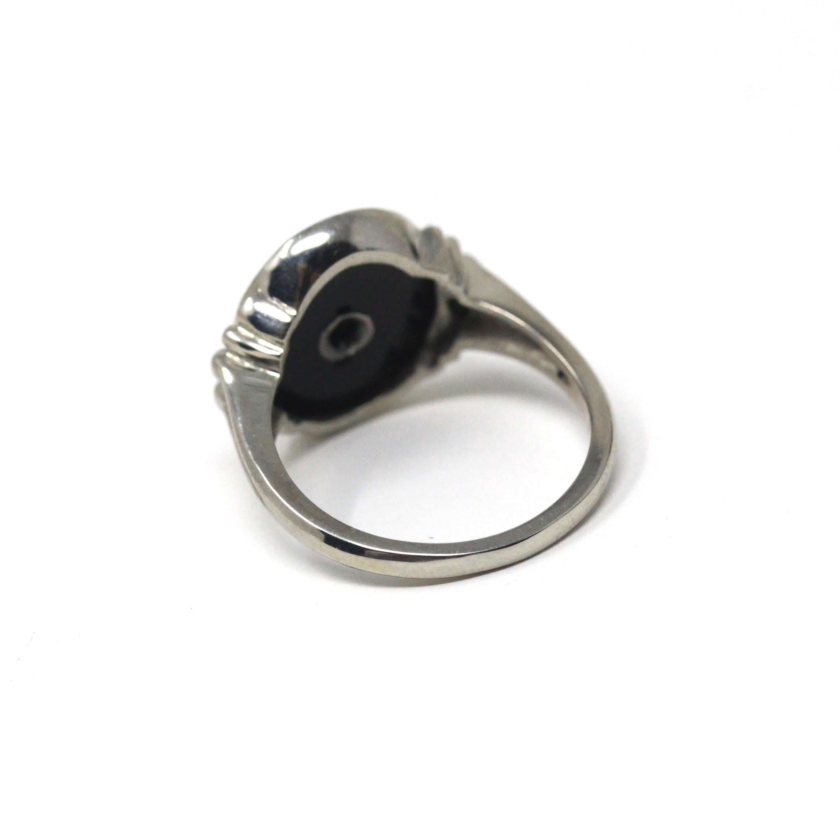 Vintage Onyx Ring - Mid Century 10k White Gold Oval Black Chalcedony Gemstone - Circa 1940s Era Size 6 Natural .01 CT Diamond Fine Jewelry