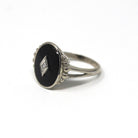 Vintage Onyx Ring - Mid Century 10k White Gold Oval Black Chalcedony Gemstone - Circa 1940s Era Size 6 Natural .01 CT Diamond Fine Jewelry