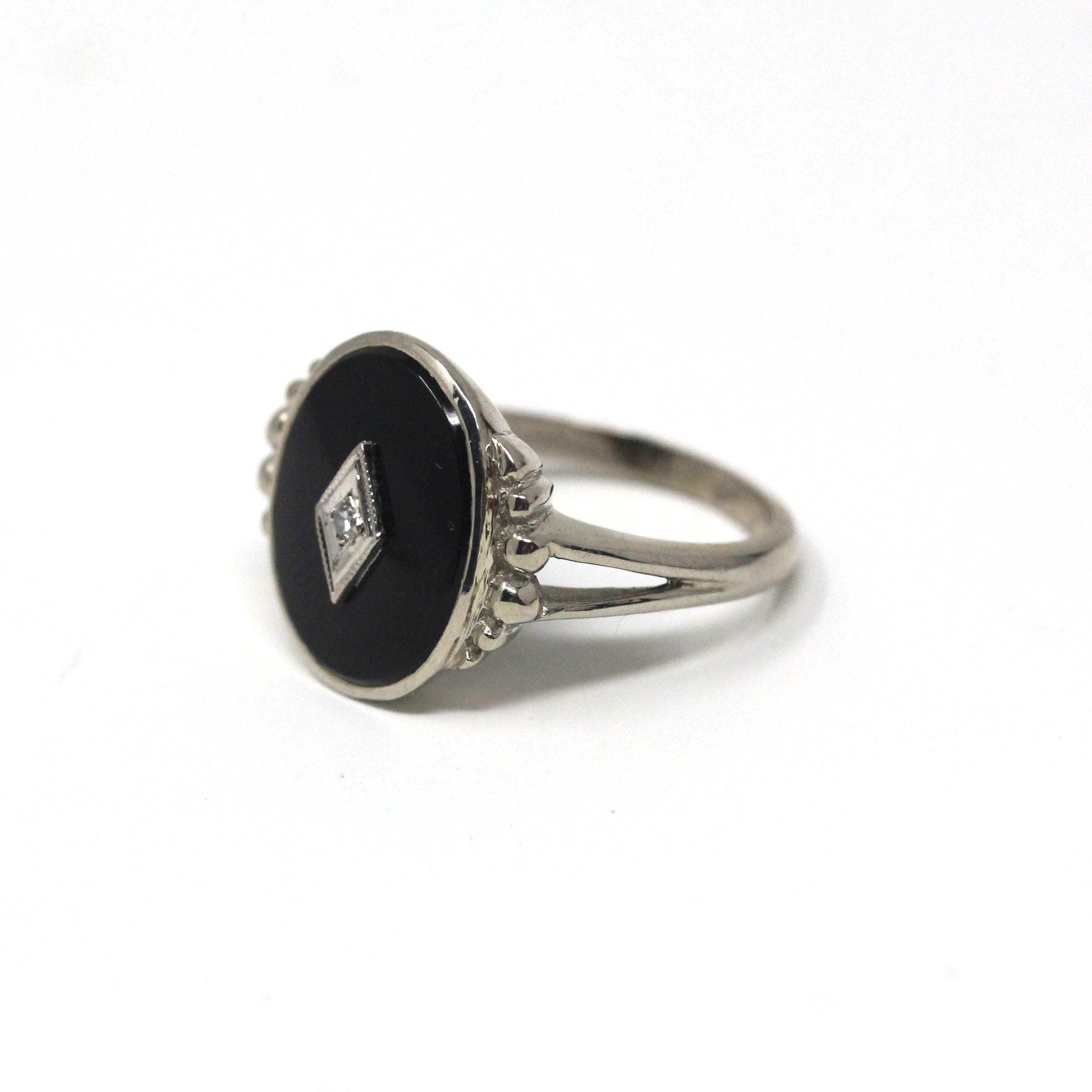 Vintage Onyx Ring - Mid Century 10k White Gold Oval Black Chalcedony Gemstone - Circa 1940s Era Size 6 Natural .01 CT Diamond Fine Jewelry