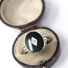 Vintage Onyx Ring - Mid Century 10k White Gold Oval Black Chalcedony Gemstone - Circa 1940s Era Size 6 Natural .01 CT Diamond Fine Jewelry