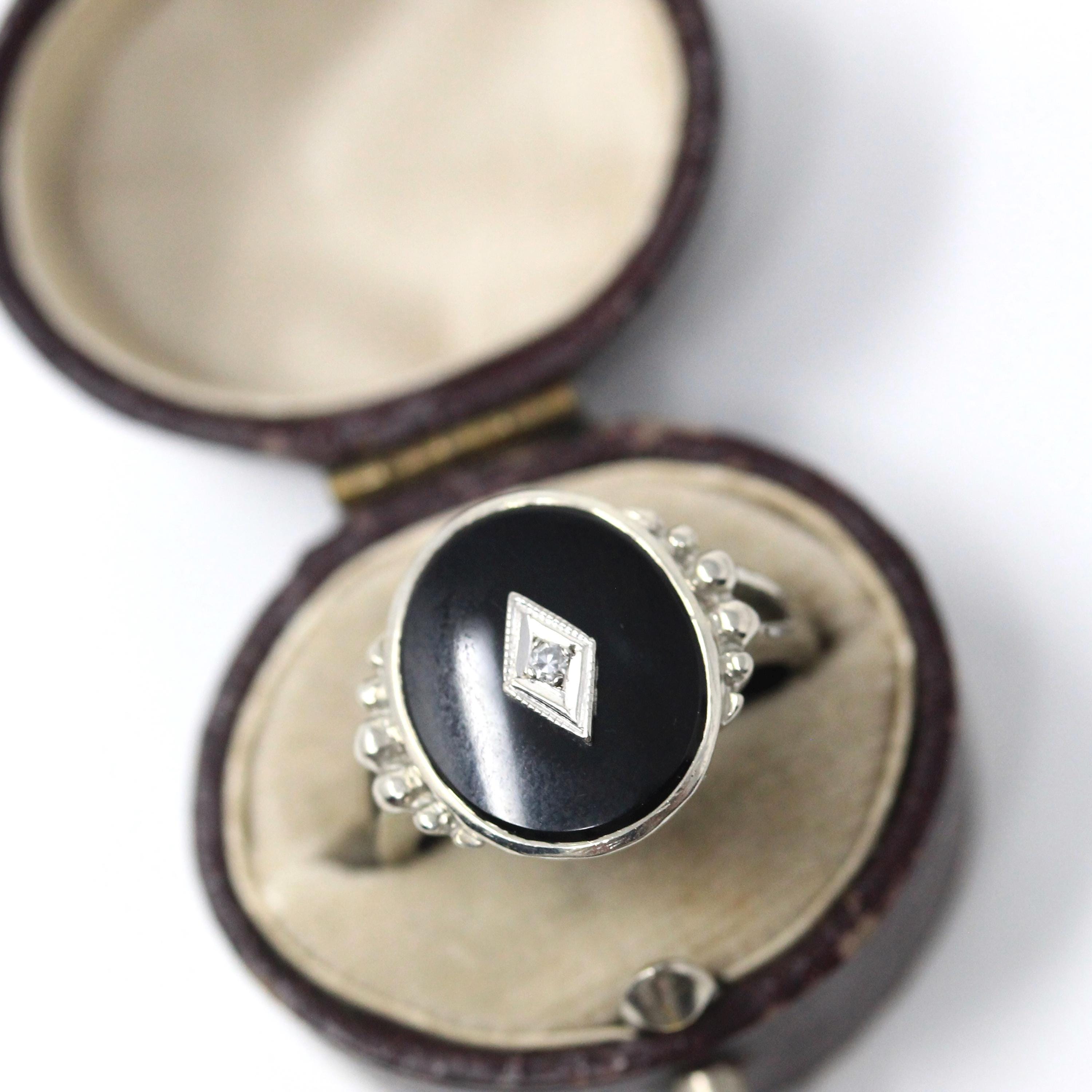Vintage Onyx Ring - Mid Century 10k White Gold Oval Black Chalcedony Gemstone - Circa 1940s Era Size 6 Natural .01 CT Diamond Fine Jewelry