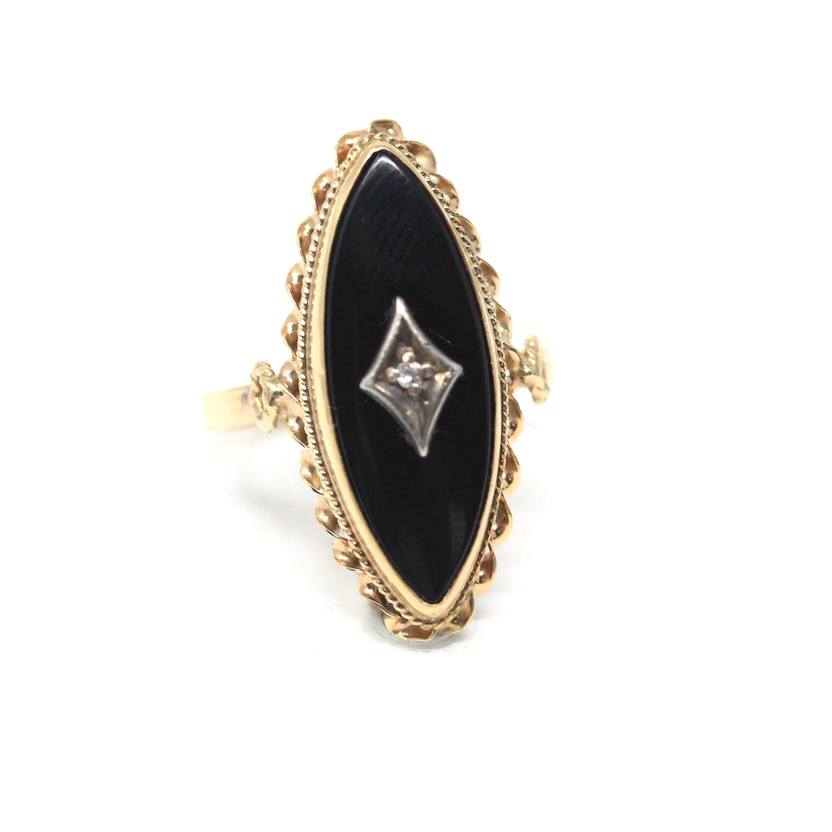 Vintage Onyx Ring - Retro 10k Yellow Gold Navette Black Chalcedony Gemstone - Circa 1960s Era Size 5 1/4 White Sapphire Fine 60s Jewelry