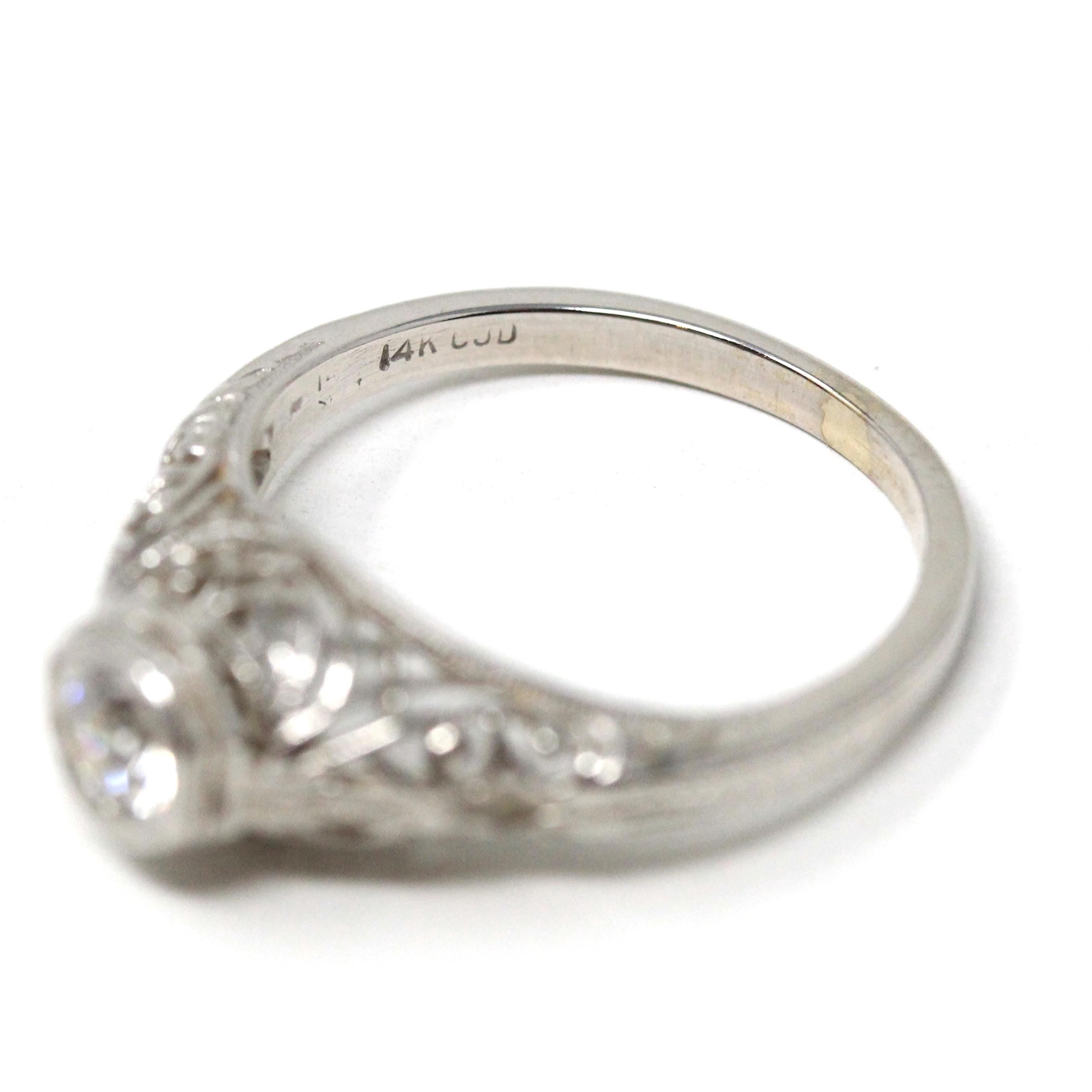 Diamond Filigree Ring - Art Deco Style 14k White Gold Natural .30 CT Engagement - Modern Era Size 7 Vintage Reproduction Fine Bridal Jewelry