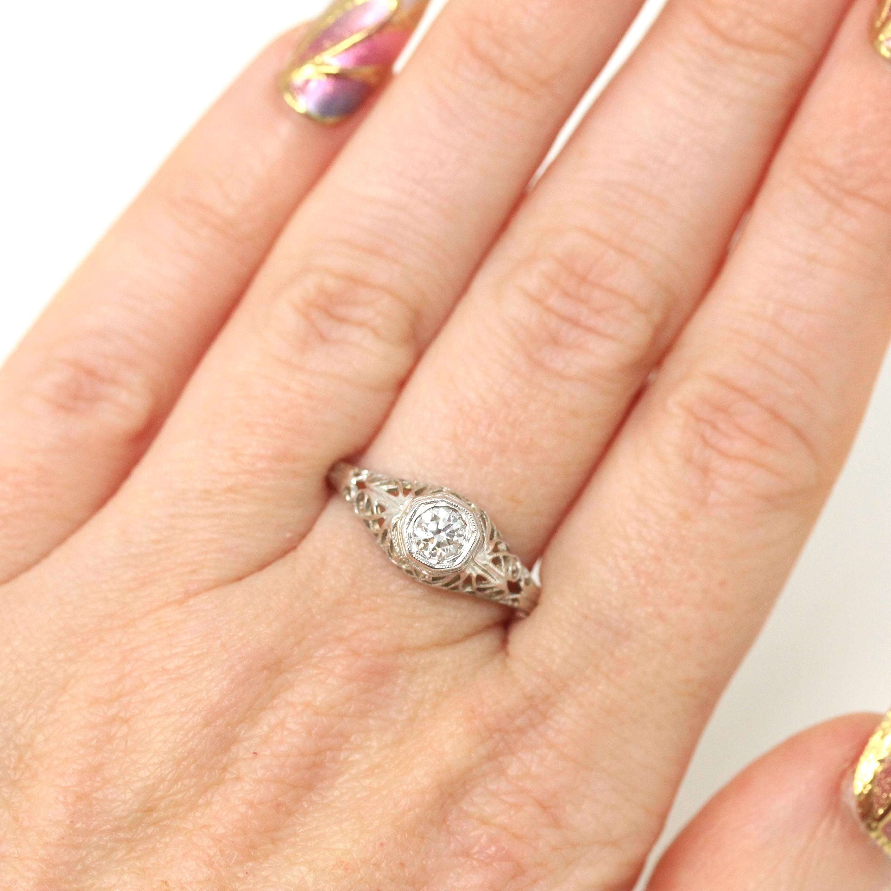 Diamond Filigree Ring - Art Deco Style 14k White Gold Natural .30 CT Engagement - Modern Era Size 7 Vintage Reproduction Fine Bridal Jewelry