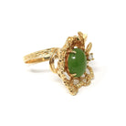 Nephrite Jade Ring - Retro 14k Yellow Gold Oval Cabochon Cut Natural Green Gemstone - Vintage Circa 1970s Era Size 7 Textured Fine Jewelry