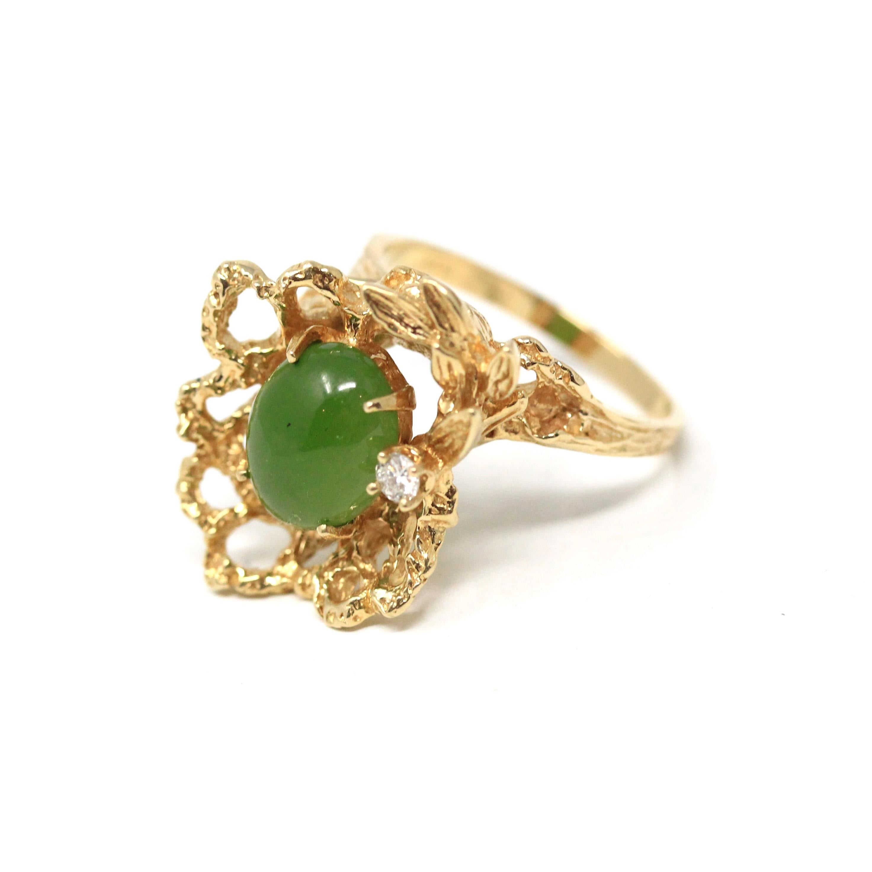 Nephrite Jade Ring - Retro 14k Yellow Gold Oval Cabochon Cut Natural Green Gemstone - Vintage Circa 1970s Era Size 7 Textured Fine Jewelry