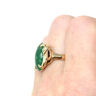Natural Jadeite Ring - Vintage 14k Yellow Gold Dark Green Oval Cabochon Gemstone - Retro Circa 1960s Era Size 5 1/4 Fine Statement Jewelry
