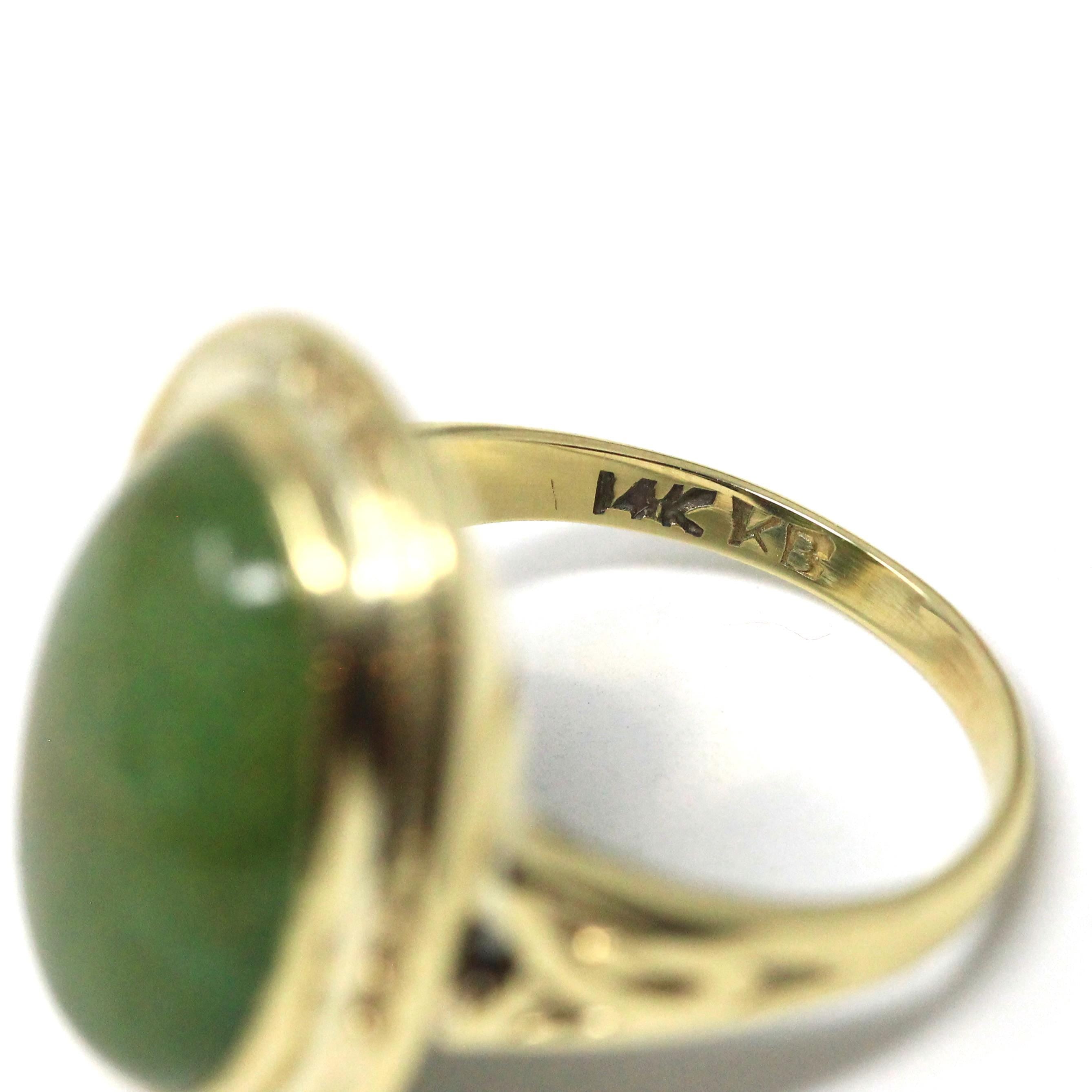 Vintage Jadeite Ring - Mid Century 14k Yellow Gold Natural Green Cabochon Cut Gemstone - Circa 1940s Era Statement Size 6 Fine 40s Jewelry