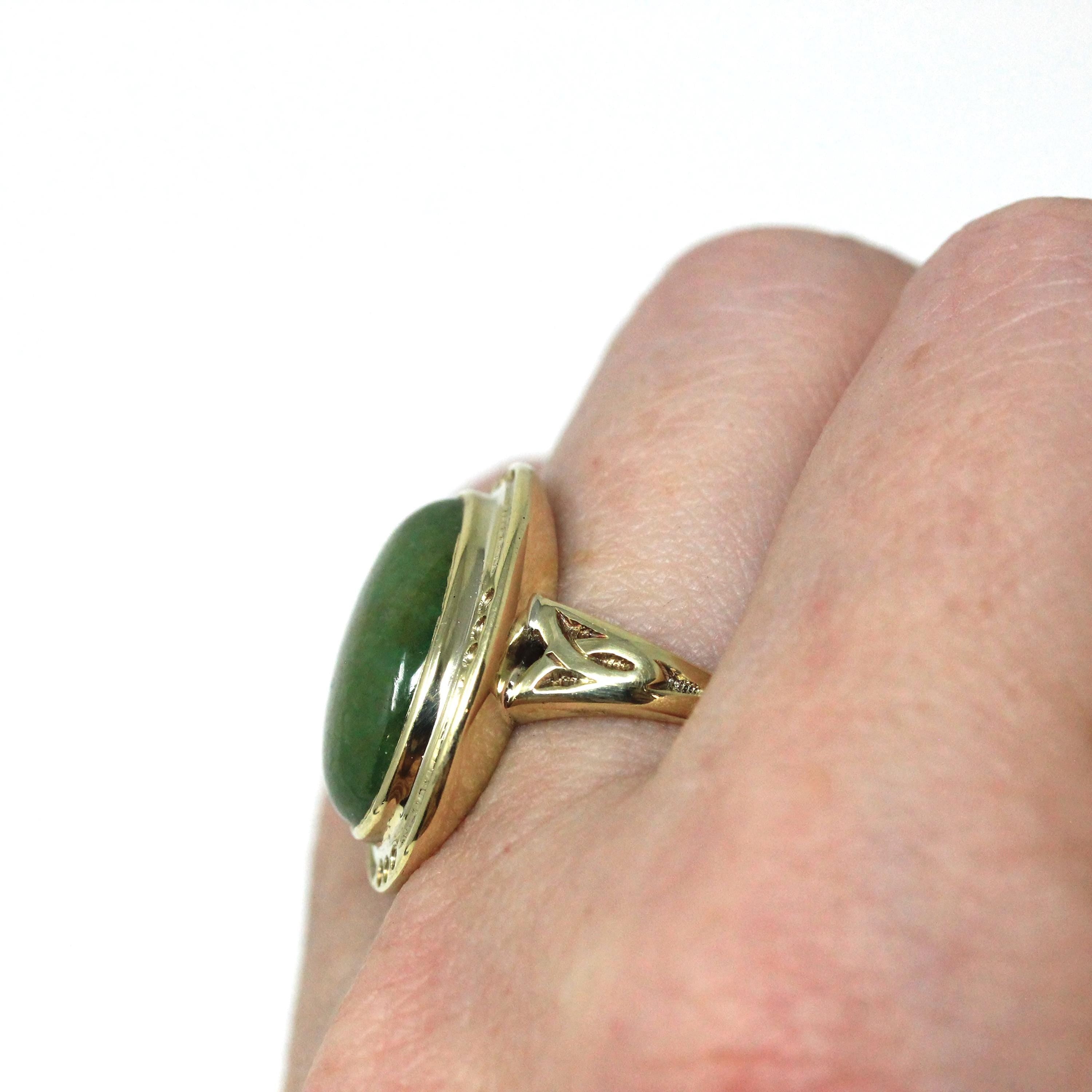 Vintage Jadeite Ring - Mid Century 14k Yellow Gold Natural Green Cabochon Cut Gemstone - Circa 1940s Era Statement Size 6 Fine 40s Jewelry