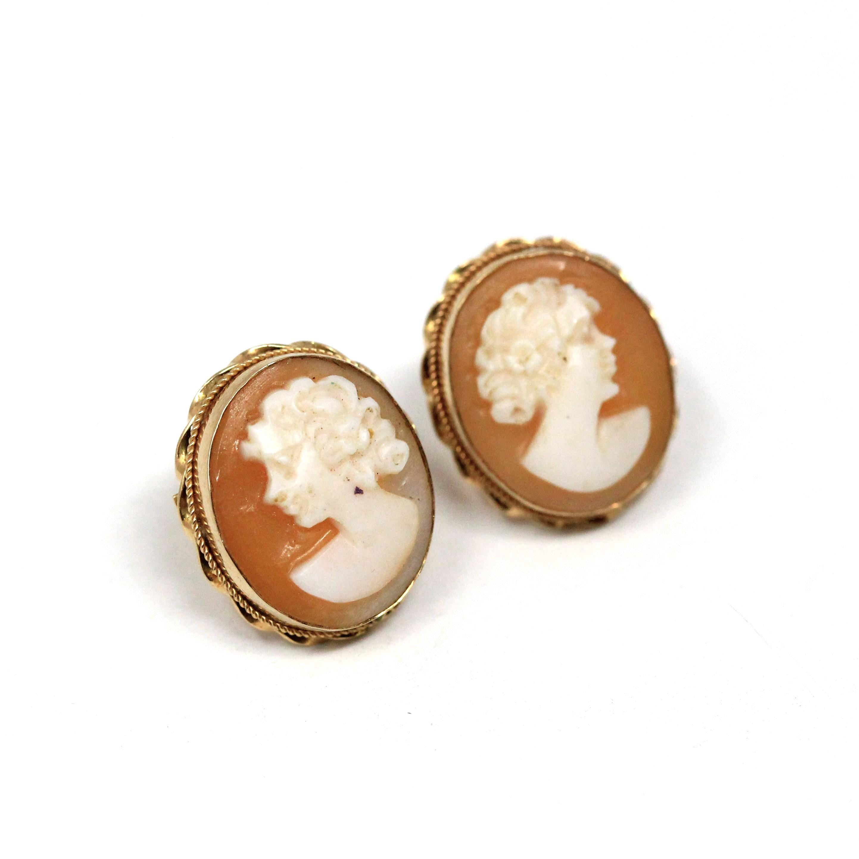 Vintage Cameo Earrings - Mid Century 14k Yellow Gold Oval Carved Shell Portrait Post Backs - Circa 1940s Era Fashion Accessories Jewelry