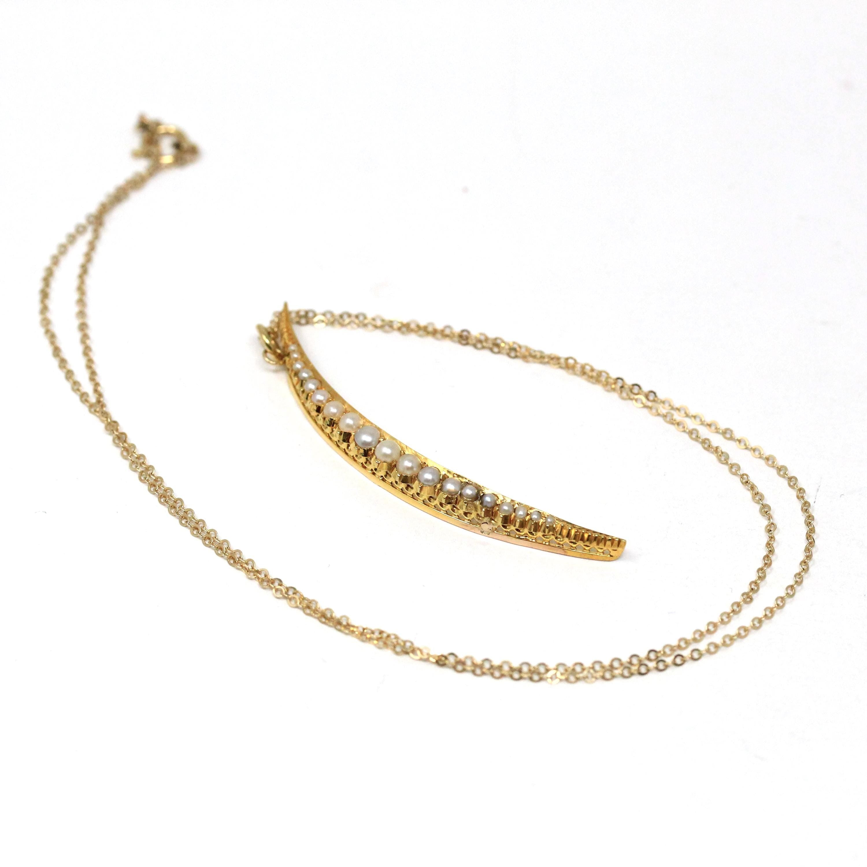 Crescent Moon Necklace - Retro 15k Yellow Gold Cultured Seed Pearls Celestial Pendant - Vintage Circa 1940s Era Statement Fine 40s Jewelry