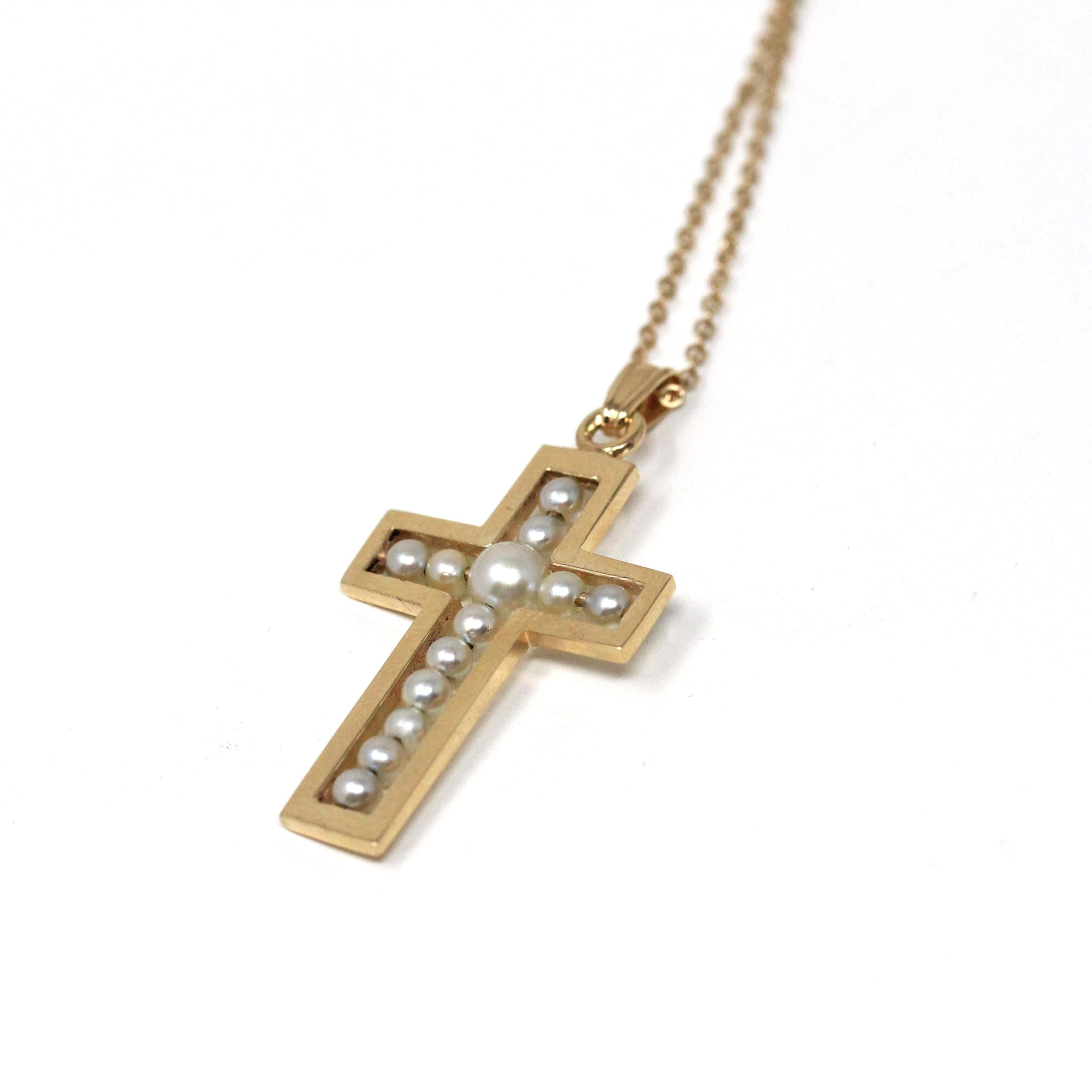 Vintage Cross Necklace - Mid Century 14k Yellow Gold Cultured Pearl Pendant - Circa 1940s Era Religious Faith Charm Fine Statement Jewelry