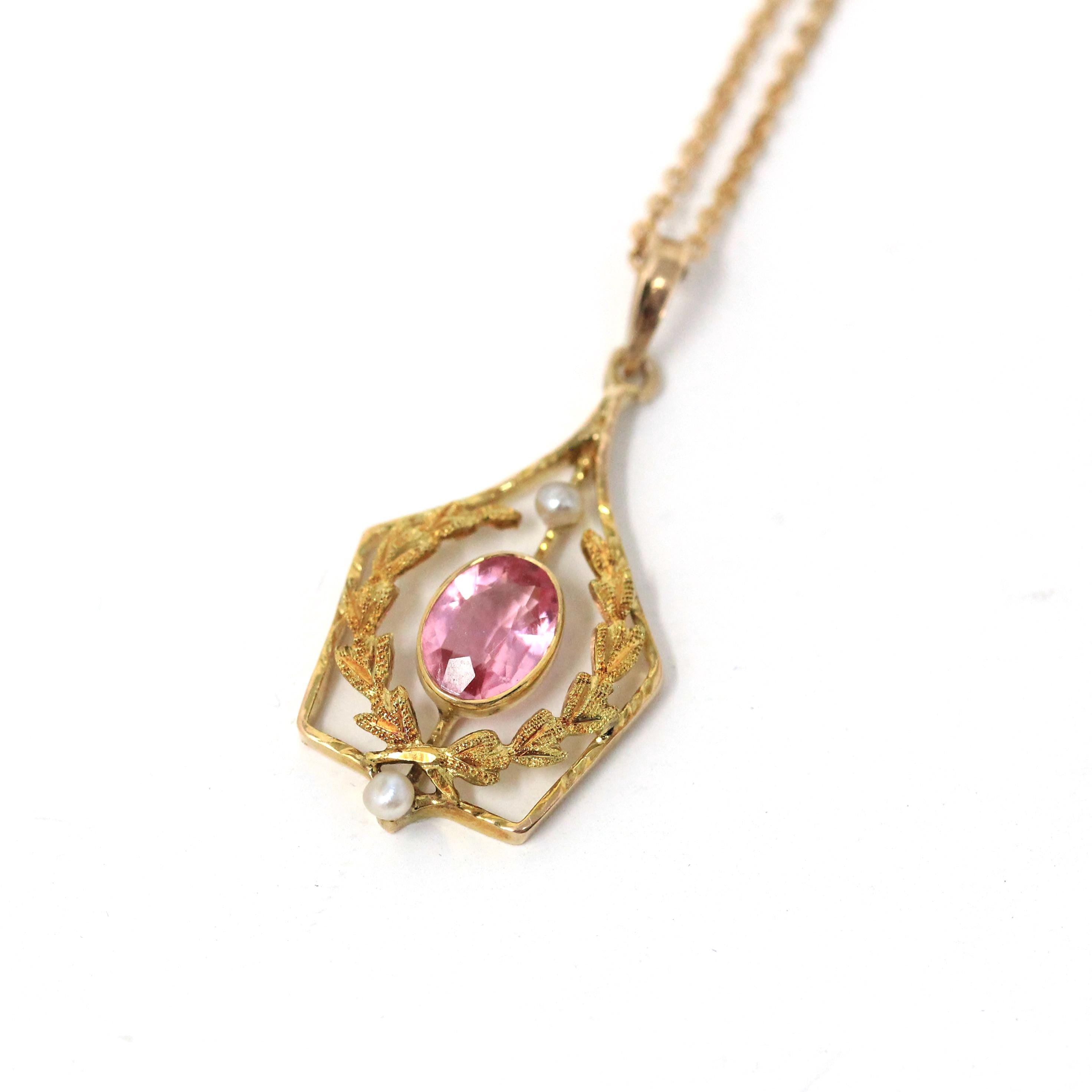 Antique Edwardian Pendant - Vintage 10k Yellow Gold Pink Glass Seed Pearls Charm Necklace - Circa 1910s Lavalier Dainty Leaf Fine Jewelry