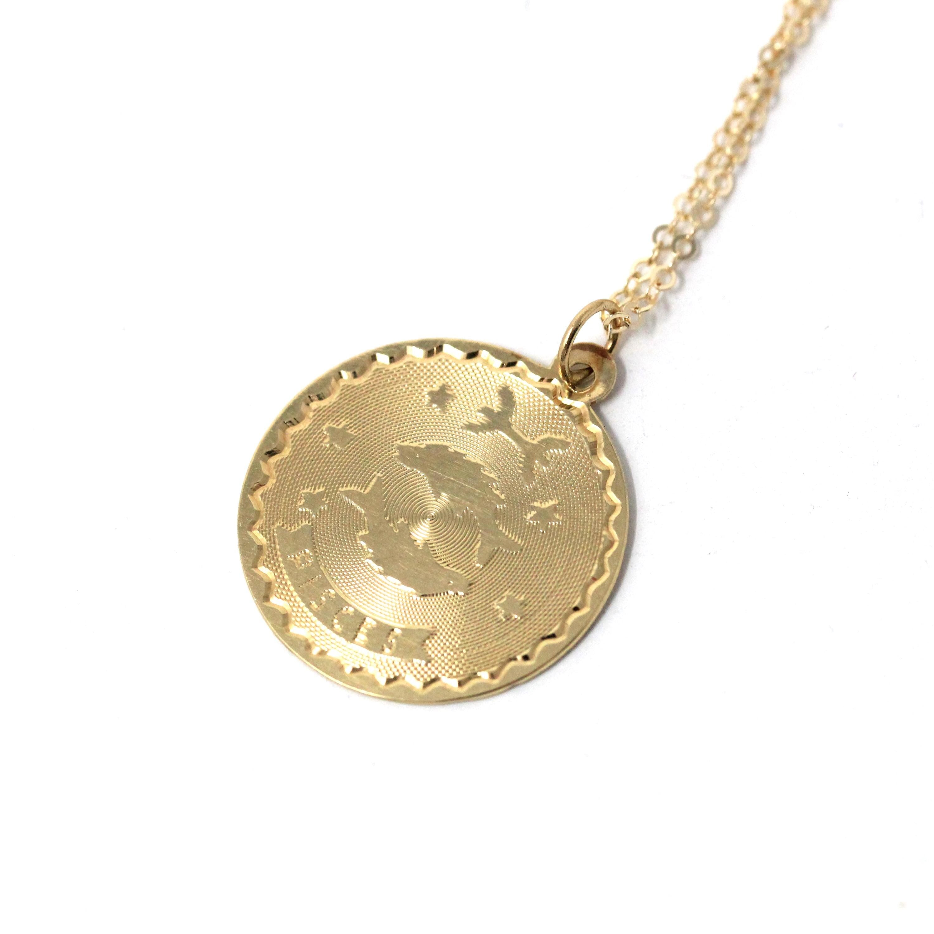 Vintage Pisces Pendant - Retro 14k Yellow Gold Fish Astrological Sign Charm Necklace - Circa 1970s Era Zodiac Water Element Fine 70s Jewelry
