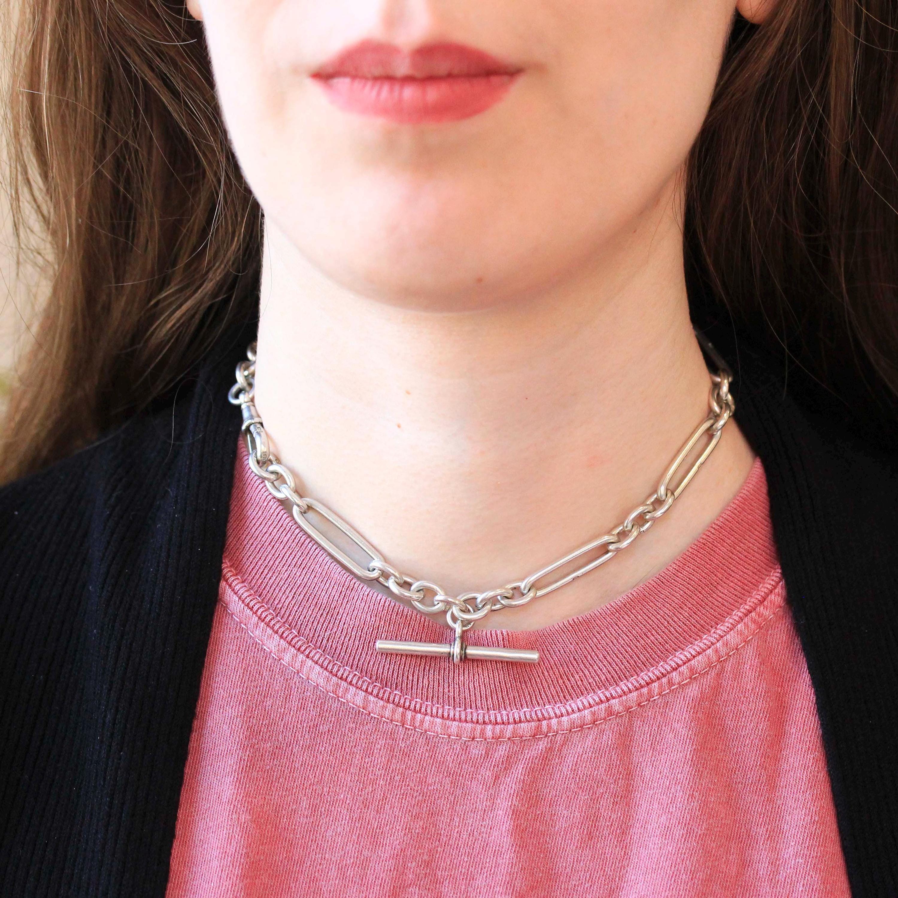 Pocket Watch Chain - Art Deco Era Sterling Silver English Hallmarked Elongated Links T Bar - Antique Vintage Dated 1927 Fine Unisex Jewelry