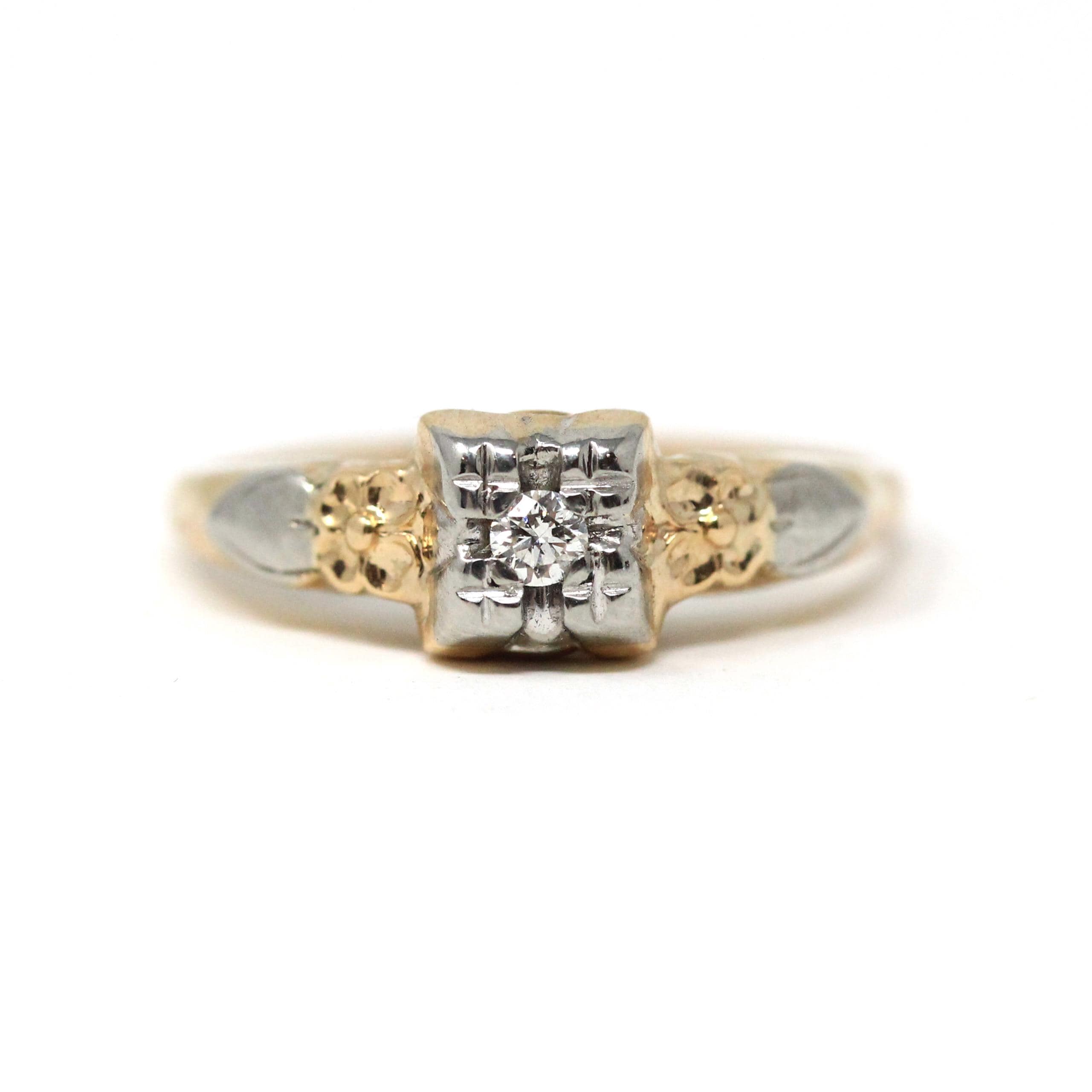 Mid Century Diamond Ring - Vintage 14k Yellow & White Gold Two Tone .04 CT - Circa 1940s Era Size 4 1/2 Illusion Fine Engagement Jewelry