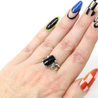 Onyx Bypass Ring - Mid Century 14k White Gold Natural Black Chalcedony Checkerboard Statement - Vintage Circa 1950s Size 7 1/4 Fine Jewelry