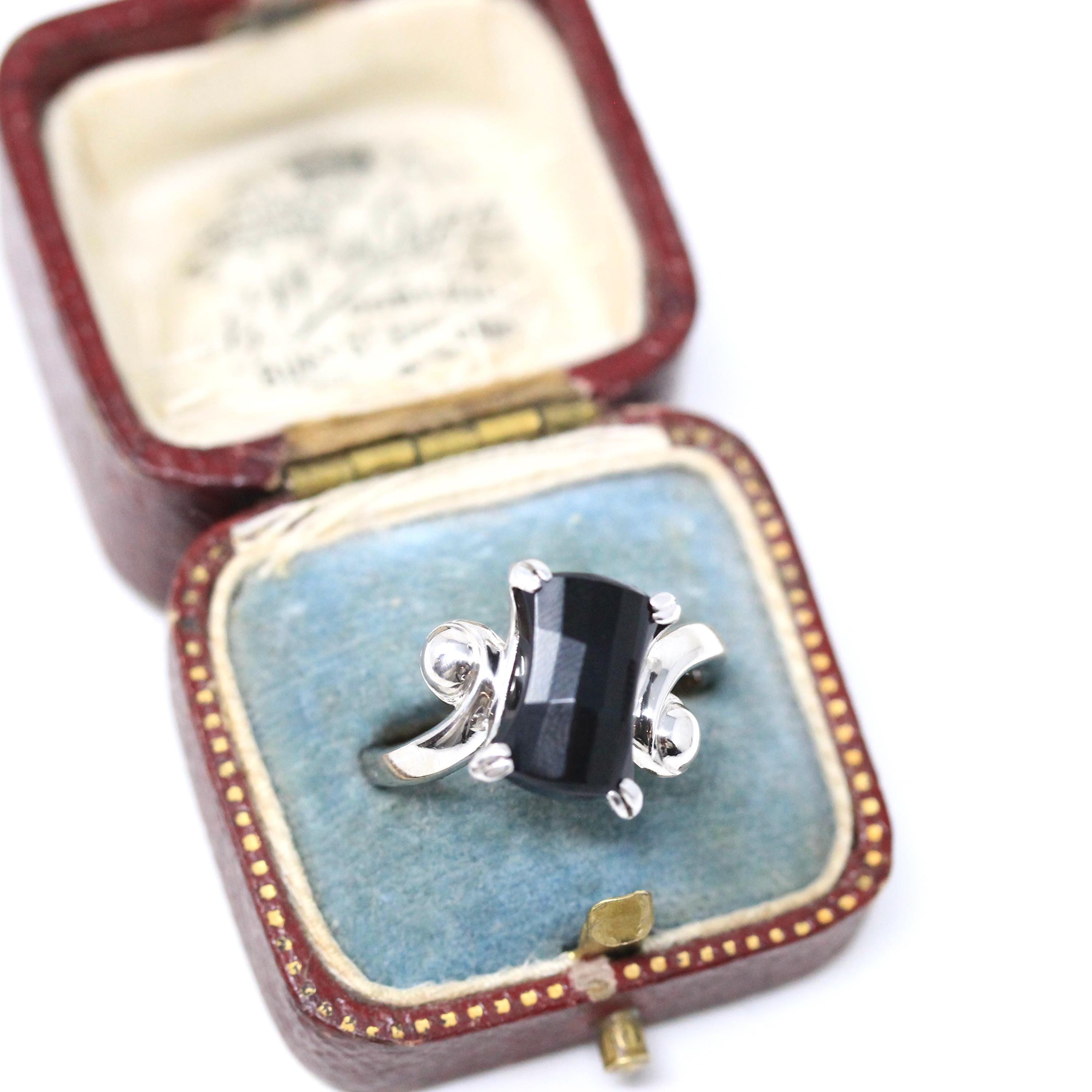 Onyx Bypass Ring - Mid Century 14k White Gold Natural Black Chalcedony Checkerboard Statement - Vintage Circa 1950s Size 7 1/4 Fine Jewelry