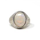 Vintage Opal Ring - Art Deco 14k White Gold Men's Unisex Oval Statement Ring - Circa 1920s Streeter Brothers October Birthstone Fine Jewelry
